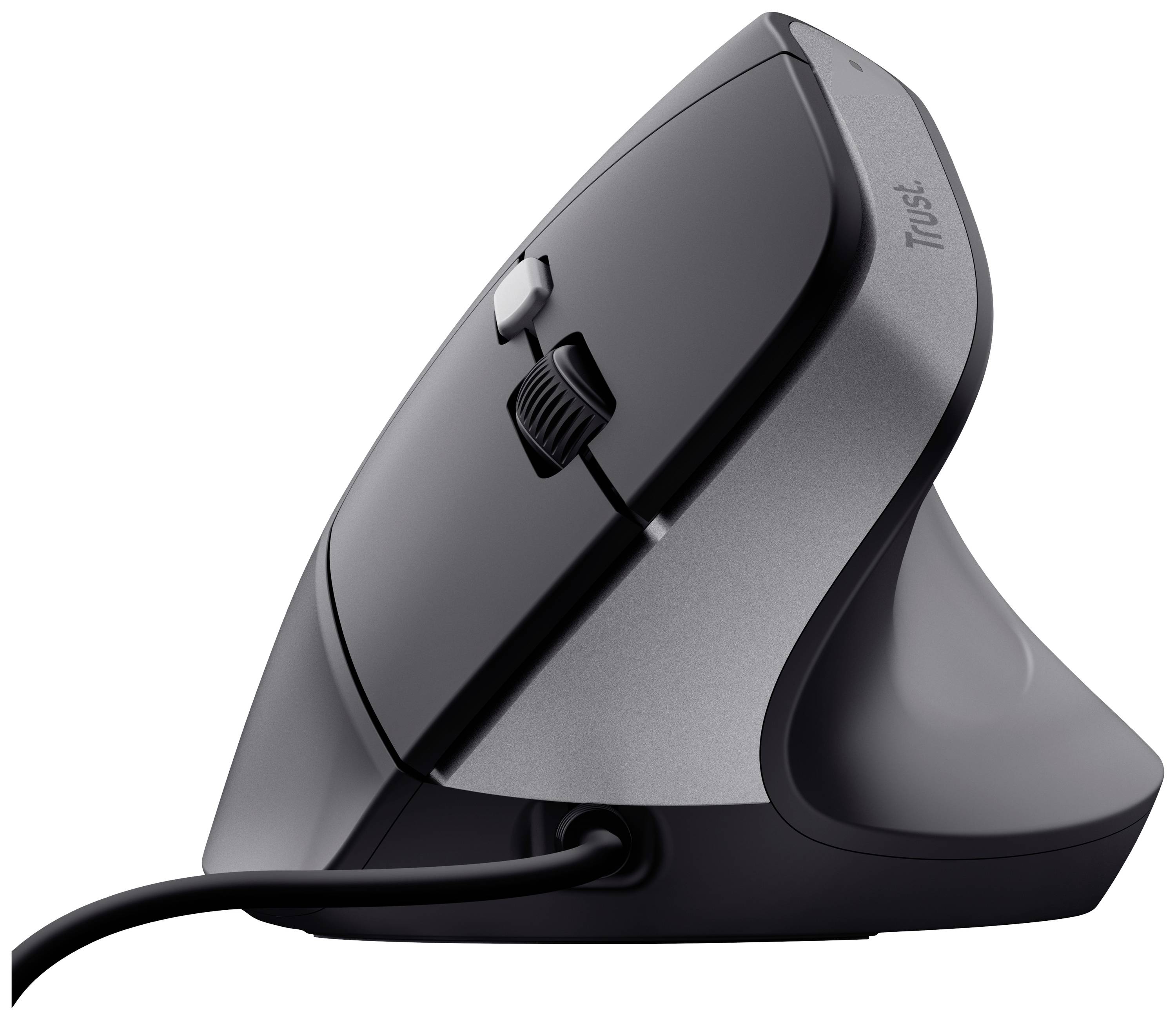 Ergonomische vertikale Maus in Schwarz und Grau mit Kabel, seitlicher Daumenstütze und zwei Tasten mit Scrollrad oben.