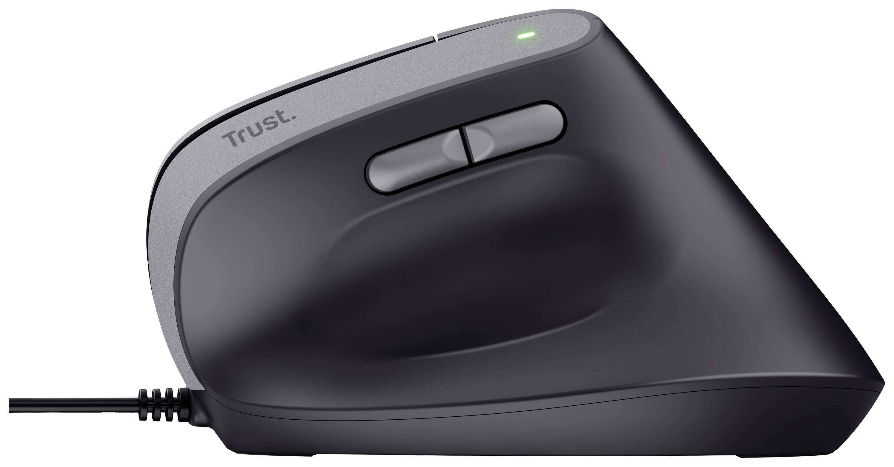 Ergonomische vertikale Maus in Schwarz mit zwei Daumentasten und Kabel.