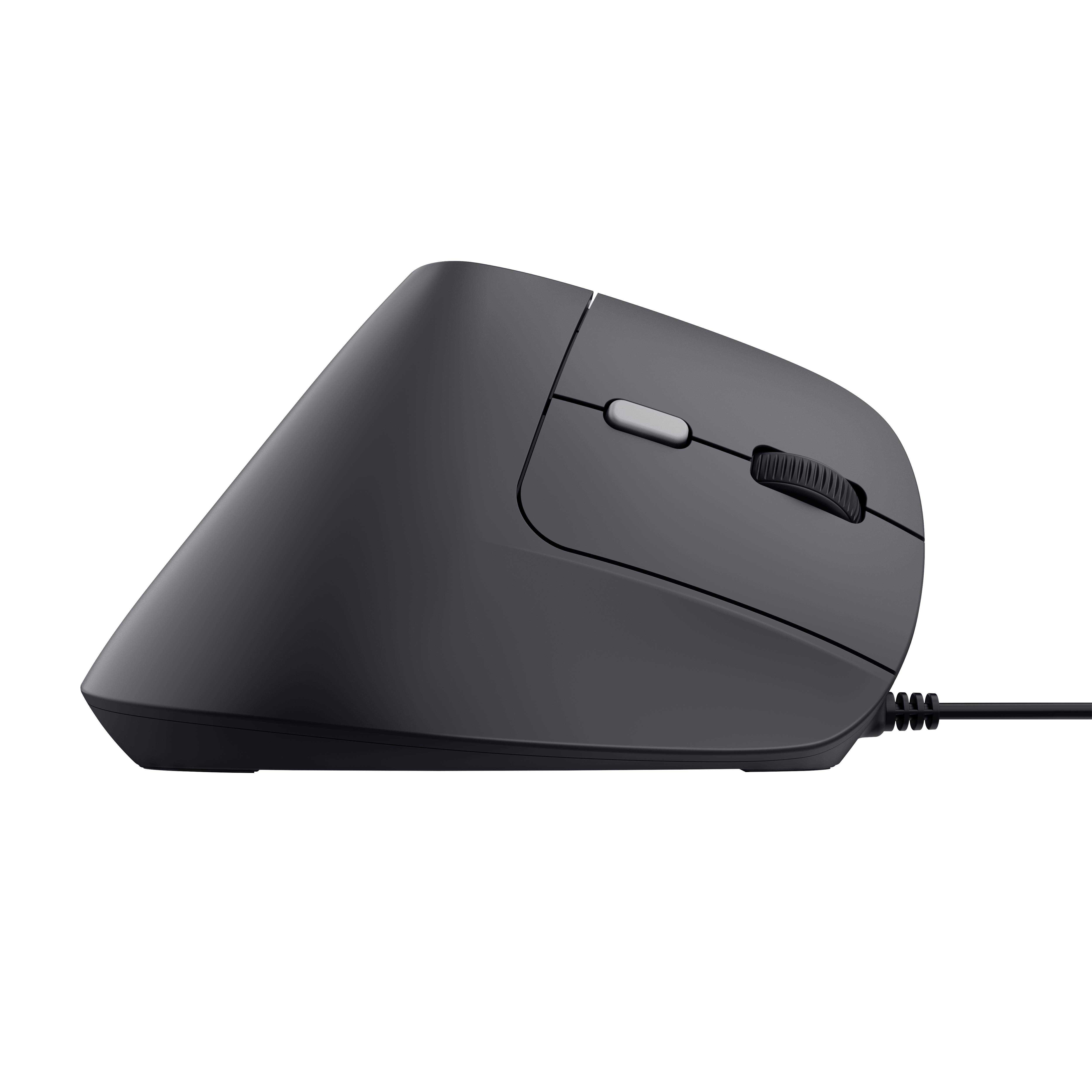 Seitliche Ansicht einer ergonomischen Computermaus. Die vertikale Form unterstützt eine neutrale Handposition.
