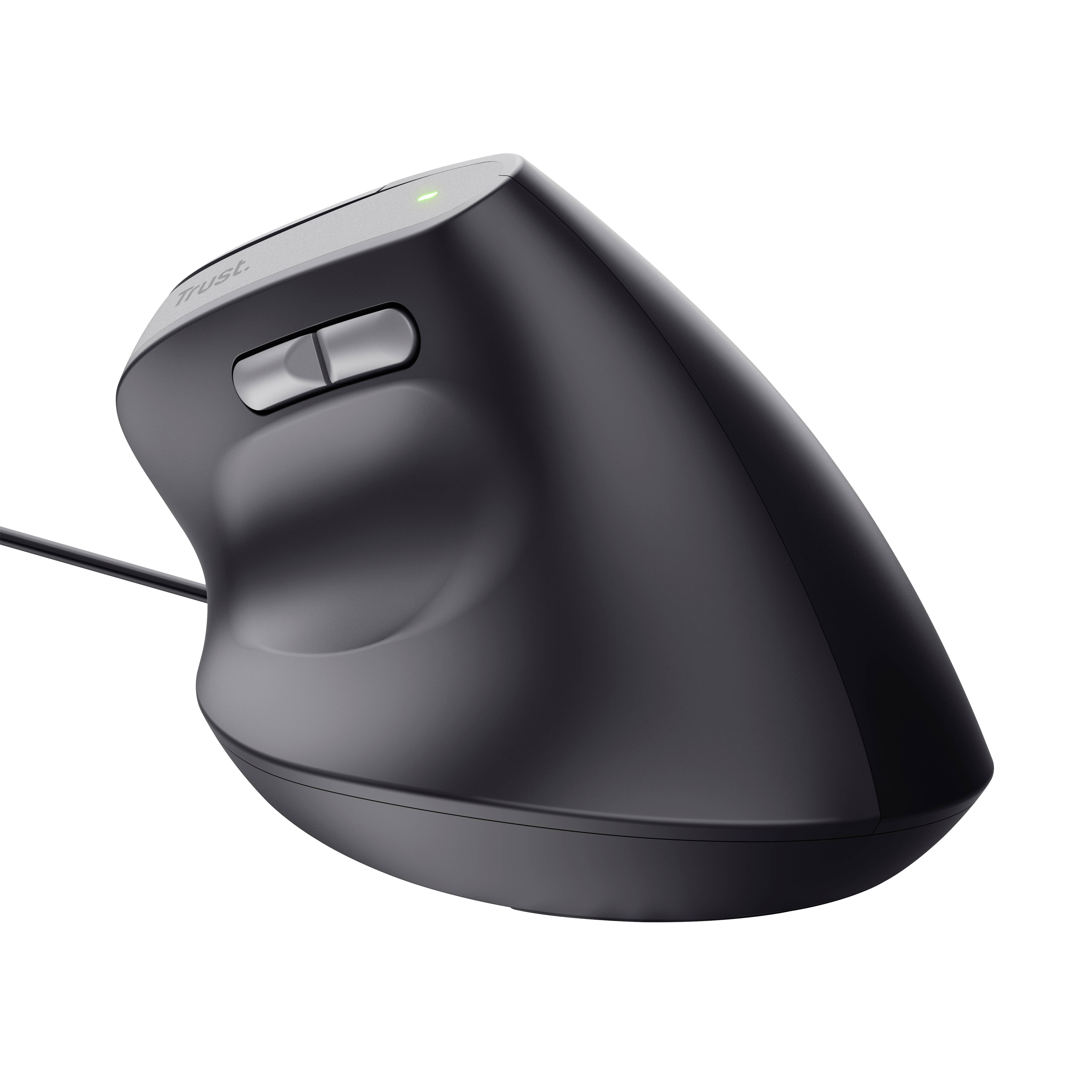 Schwarze vertikale Maus mit Kabel, ergonomisches Design, zwei Daumentasten, eignet sich zur Reduzierung von Handgelenkbelastung.