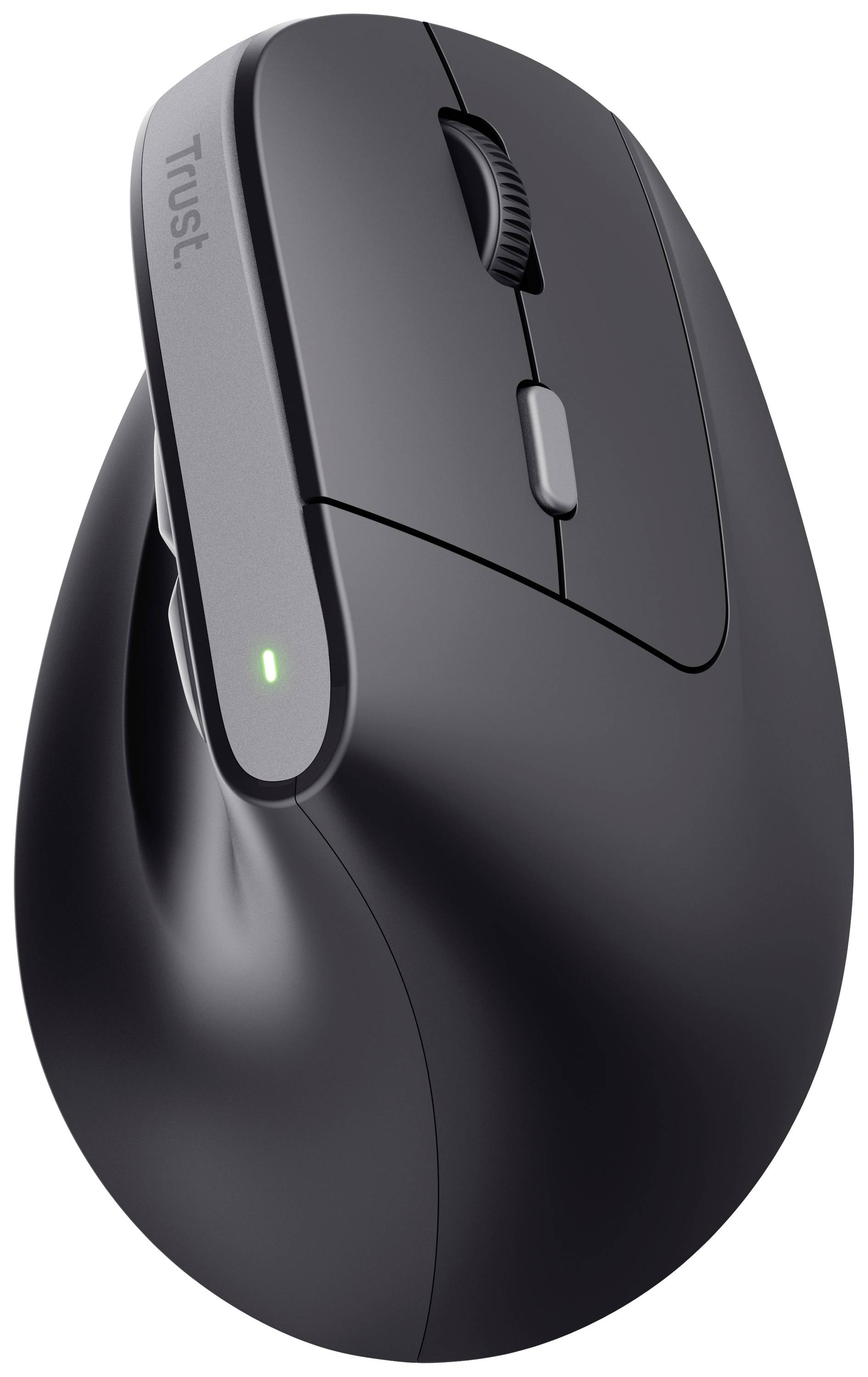 Kabellose ergonomische Computermaus in Schwarz, mit Scrollrad und seitlichem LED-Indikator.