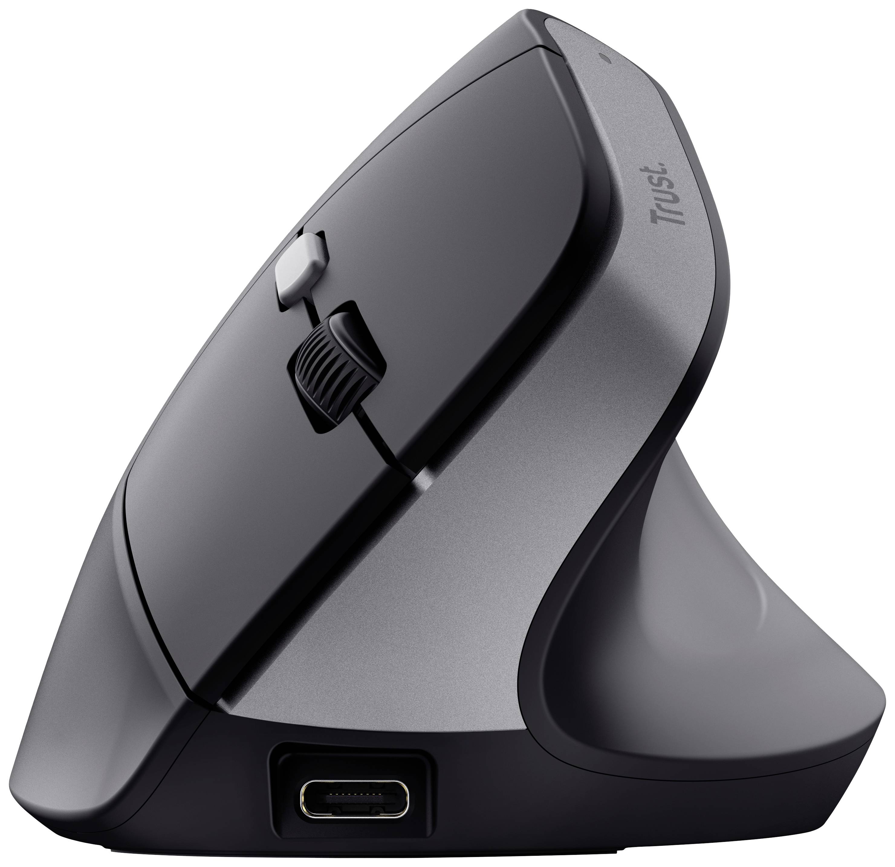 Vertikale, ergonomische Computermaus in Grau und Schwarz mit seitlichen Maustasten und Scrollrad. USB-C-Anschluss unten sichtbar.