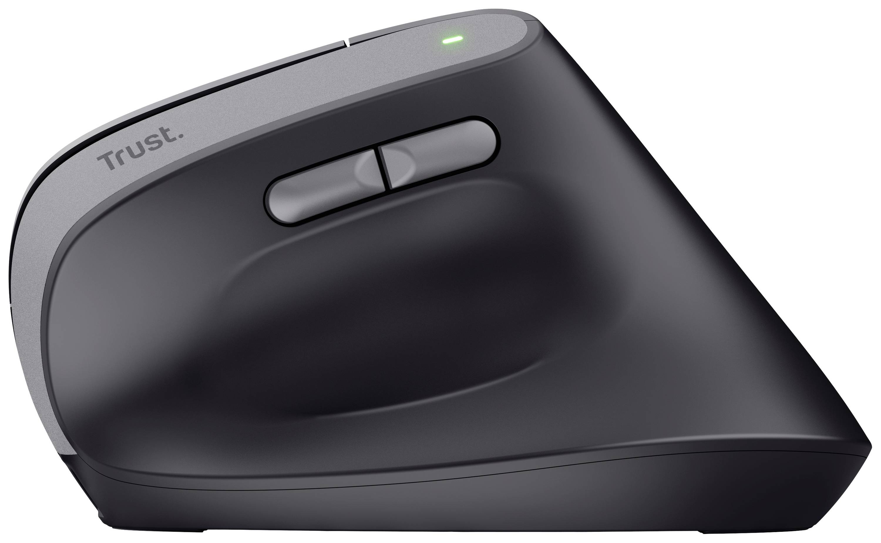 Ergonomische, vertikale Maus in Schwarz. Zwei Seitentasten und ein Scrollrad sind sichtbar. Geeignet für Handgelenk-entlastende Bedienung.