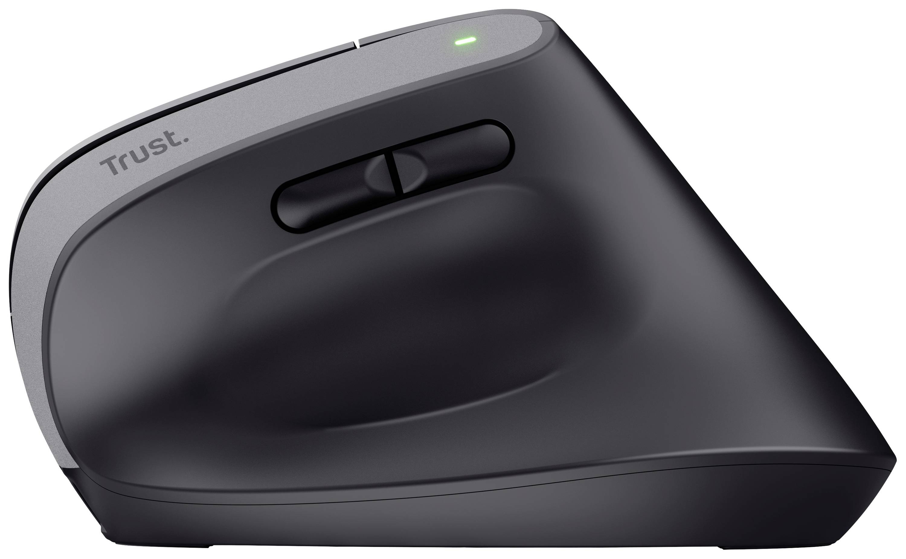 Vertikale ergonomische Maus, schwarz, mit zwei Tasten und einem Scrollrad an der Seite. Designed für komfortable Handhaltung.