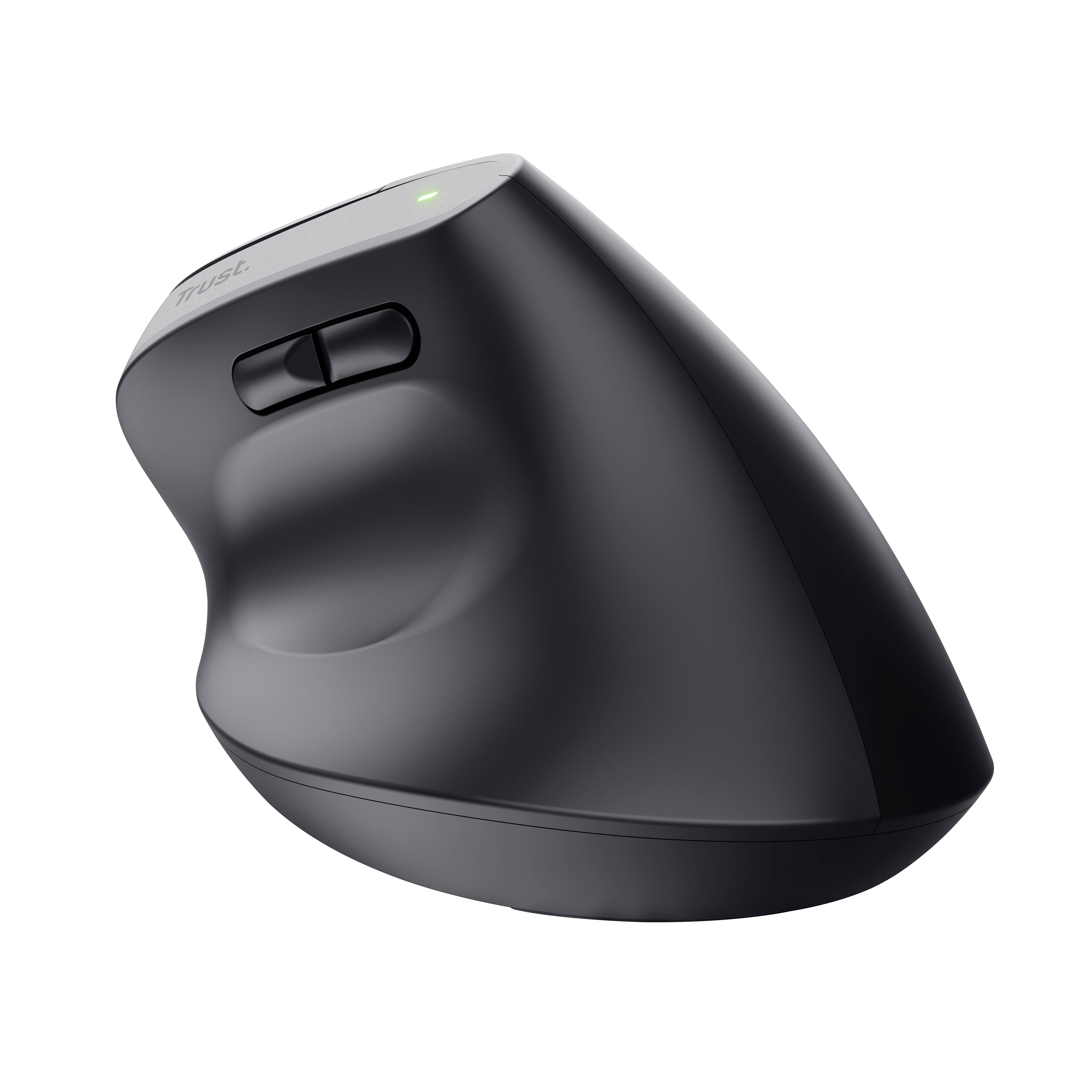 Eine ergonomische, vertikale Computermaus mit zwei Tasten und einem Scrollrad, entworfen für komfortables und gelenkschonendes Arbeiten.