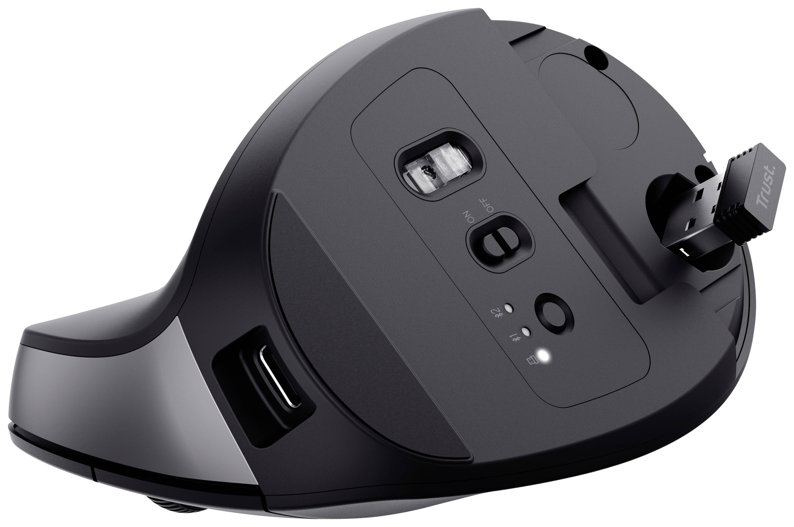 Eine schwarze, kabellose Computermaus auf der Seite liegend. Sichtbar sind die Unterseite mit Sensor, Ein/Aus-Schalter, zwei Tasten und ein USB-Empfängerfach.