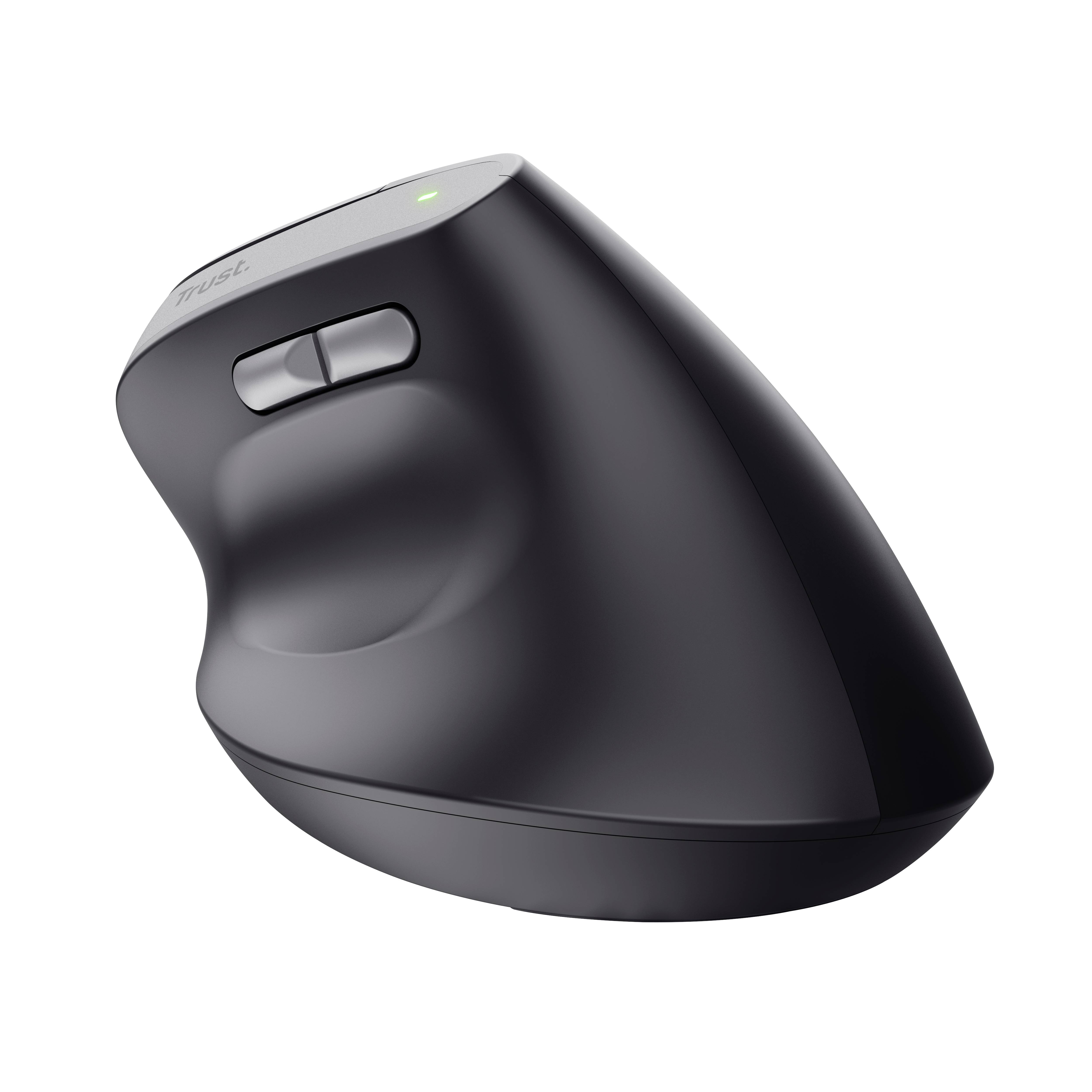 Eine ergonomische schwarze vertikale Maus mit zwei Tasten und Daumenauflage, designed für komfortables Arbeiten.