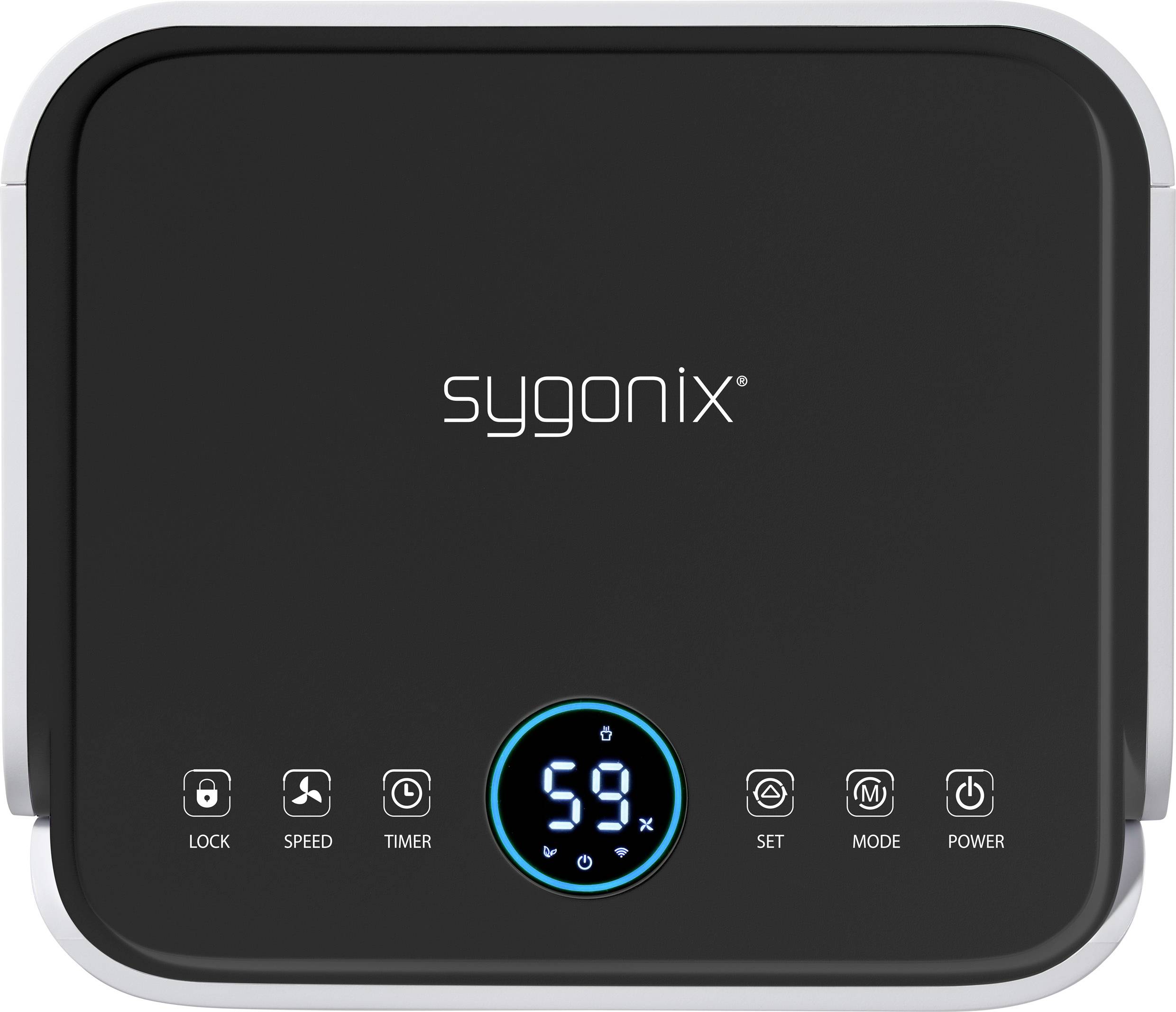 Ein elektronisches Gerät mit schwarzem Display zeigt 'sygonix' und eine große Ziffer '59'. Enthält Symbole für sperren, Geschwindigkeit, Timer, Einstellung, Modus und Strom.