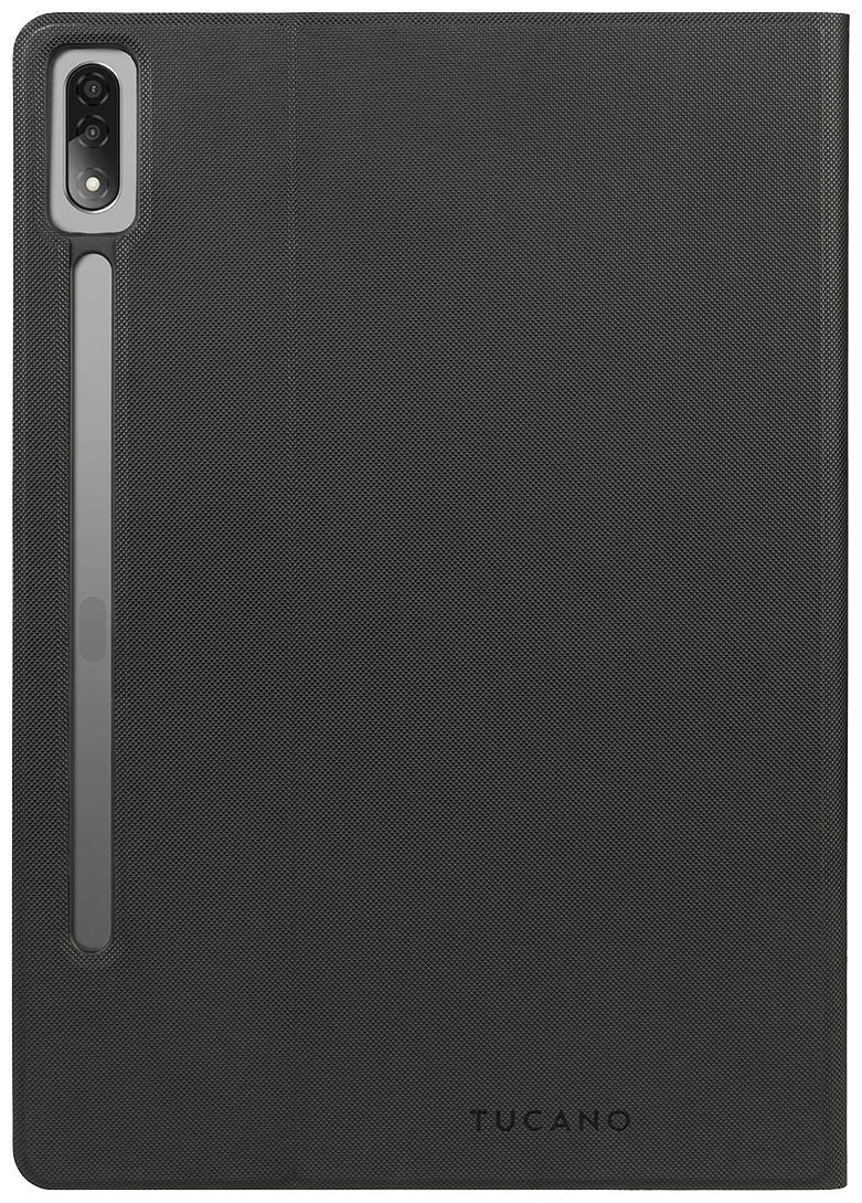 Schwarze Tablet-Hülle mit vertikaler Kameraöffnung auf der Rückseite, Marke 'Tucano'.