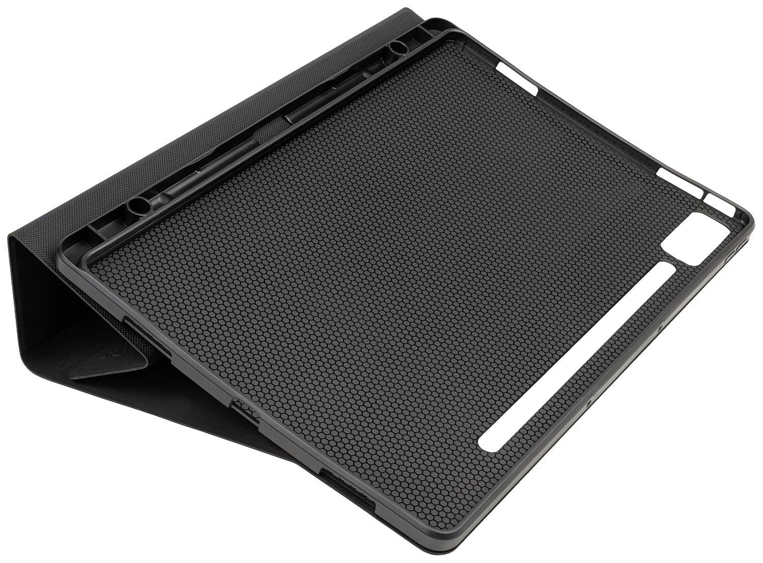 Schwarze Schutzhülle für ein Tablet, geöffnet und in leicht angewinkelter Position aufgestellt, zeigt die gerippte Innenfläche.