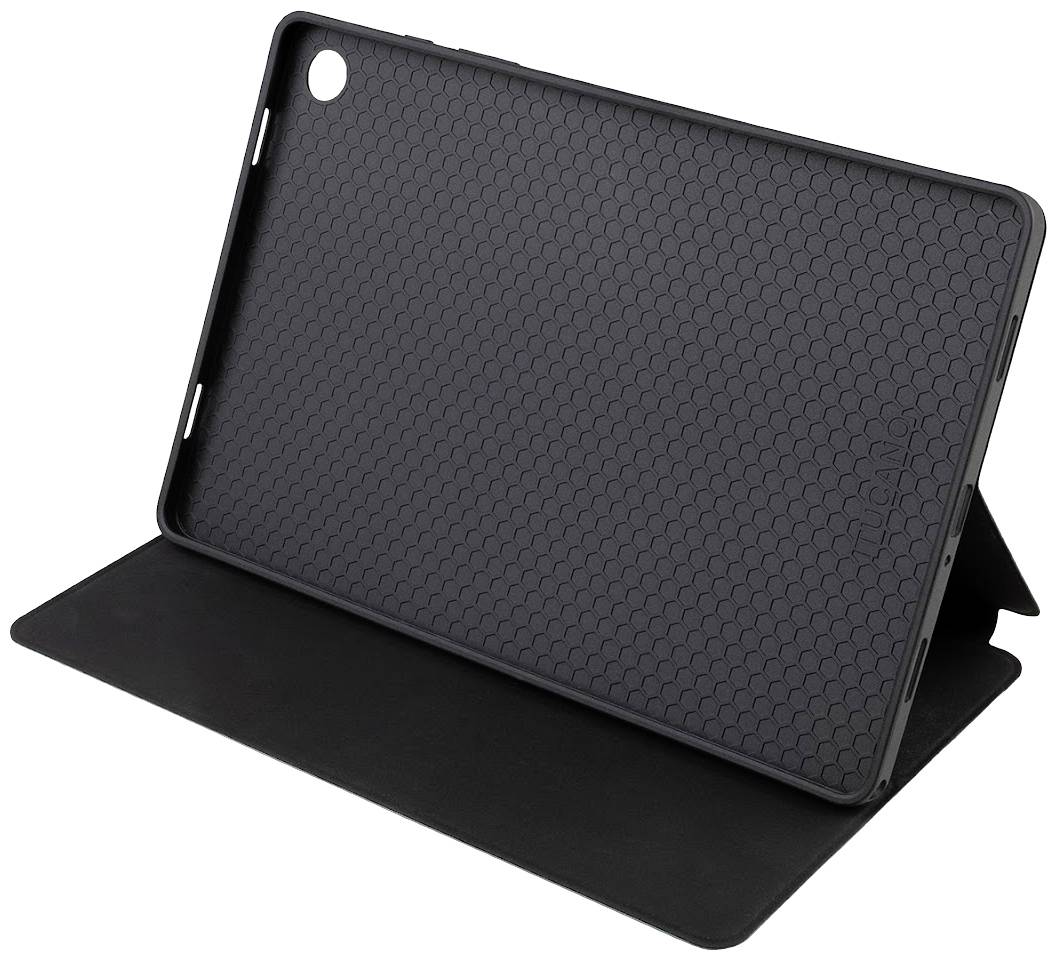 Eine schwarze Tablet-Hülle mit wabenförmiger Textur auf der Innenseite. Die Hülle ist teilweise offen und dient als Ständer.