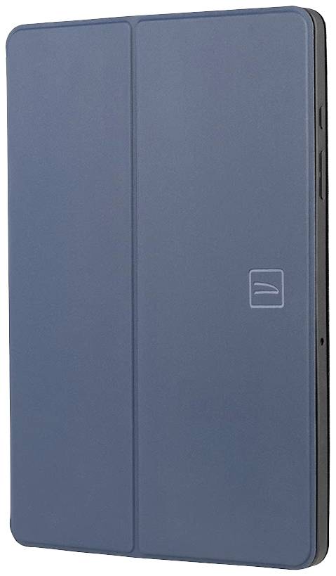 Blaue Tablet-Hülle mit schlichtem Design. Rechteckige Form mit einer vertikalen Trennlinie in der Mitte.