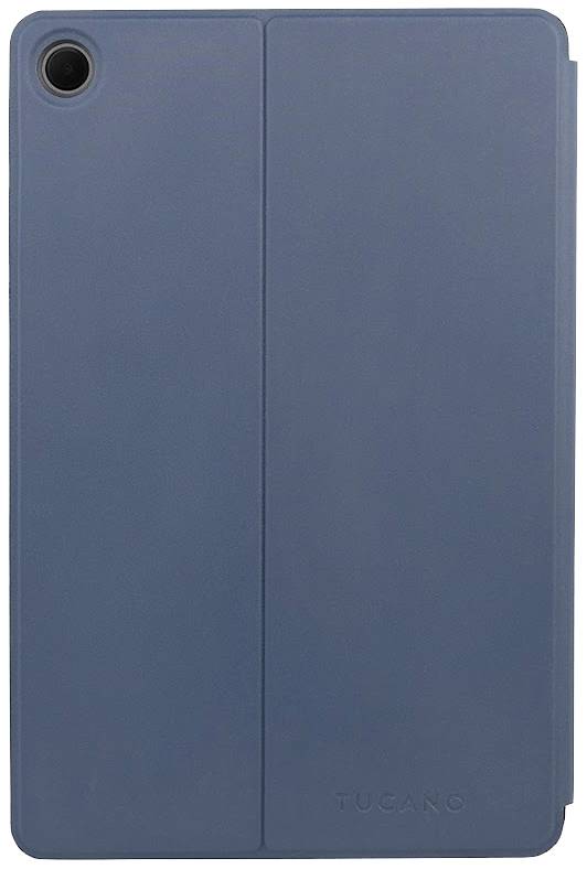 Eine blaue Tablet-Hülle mit senkrechter Naht und Kameraausschnitt oben links.