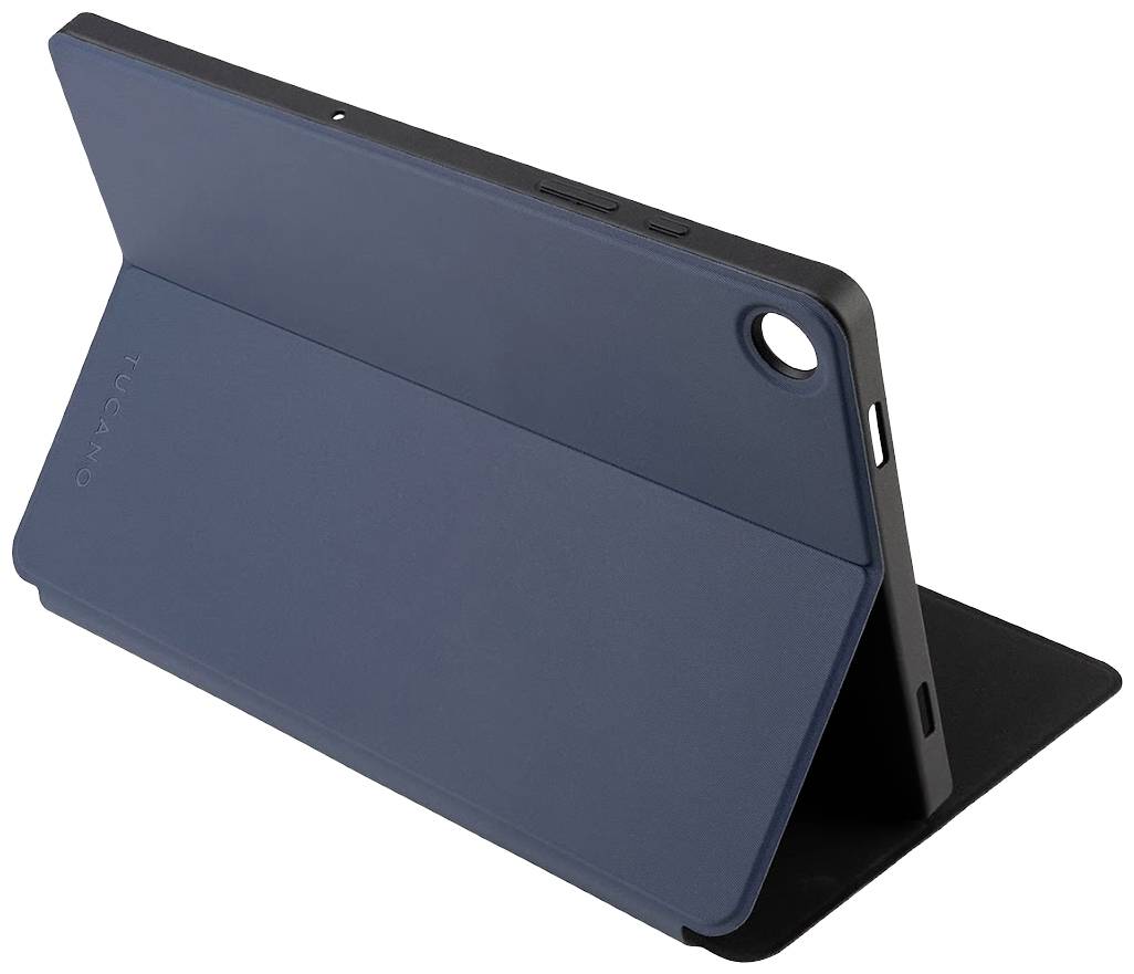 Tablet mit einer dunkelblauen Schutzhülle, die als Ständer dient. Die Hülle ist leicht seitlich geöffnet, um einen besseren Blickwinkel zu ermöglichen.