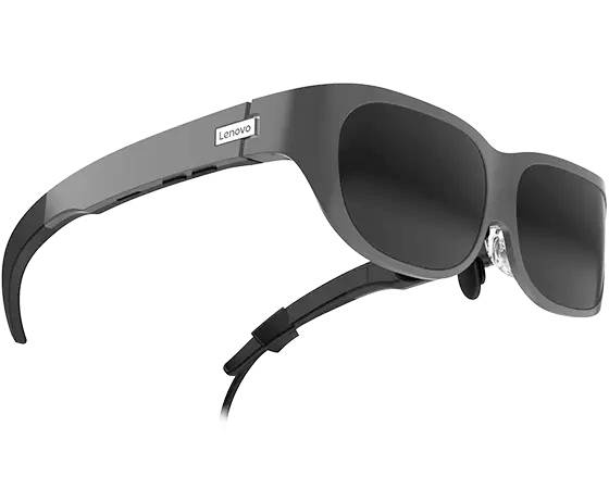 Schwarze VR-Brille mit dickem Rahmen. Links an den Bügeln steht 'Lenovo'.