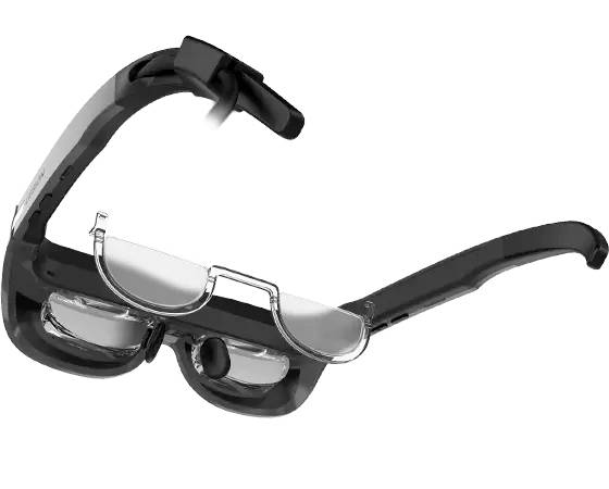 Eine schlanke, moderne Brille mit integriertem Display und Sensoren, die als intelligente Brille für erweiterte Realität dient.