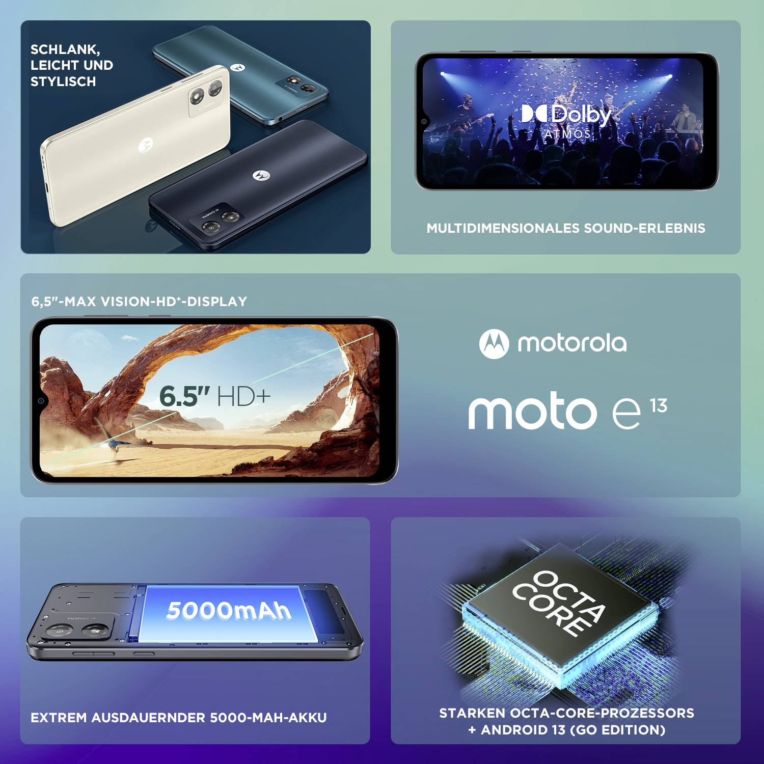 Motorola E13, 128GB + 8GB Smartphone 128GB 16.6cm (6.52 Zoll) Schwarz Android™ 13 Dual-SIM