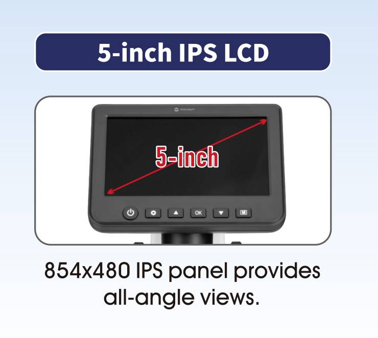 '5-Zoll IPS LCD' zeigt einen Bildschirm mit einem 854x480 IPS-Panel für Betrachtung aus allen Winkeln. Ein roter Pfeil markiert '5-Zoll'.