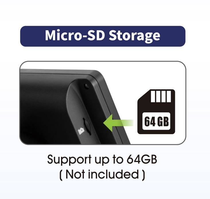 'Micro-SD Storage' zeigt einen Micro-SD-Kartensteckplatz. Unterstützt bis zu 64GB (nicht enthalten). Ein Pfeil weist auf den Steckplatz.