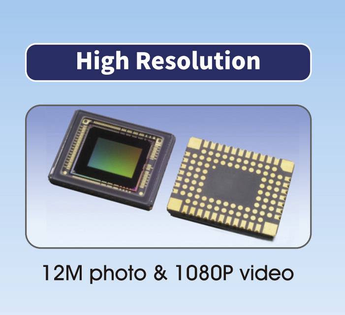 Der Sensorchip zeigt die Aufschrift 'High Resolution' und bietet 12 Megapixel Foto- und 1080P Videoaufnahmen.
