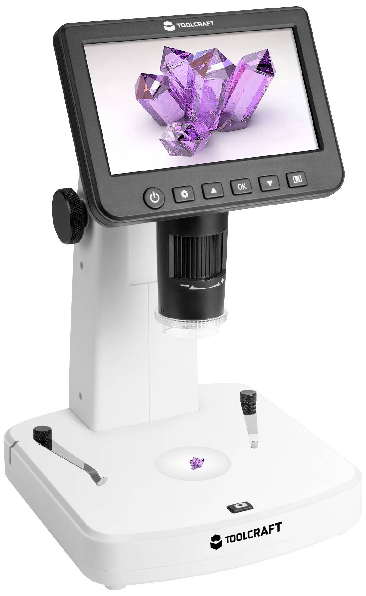 Digitalmikroskop mit Bildschirm zeigt ein Bild von violetten Kristallen. Gerät hat Bedienknöpfe und weißen Sockel.