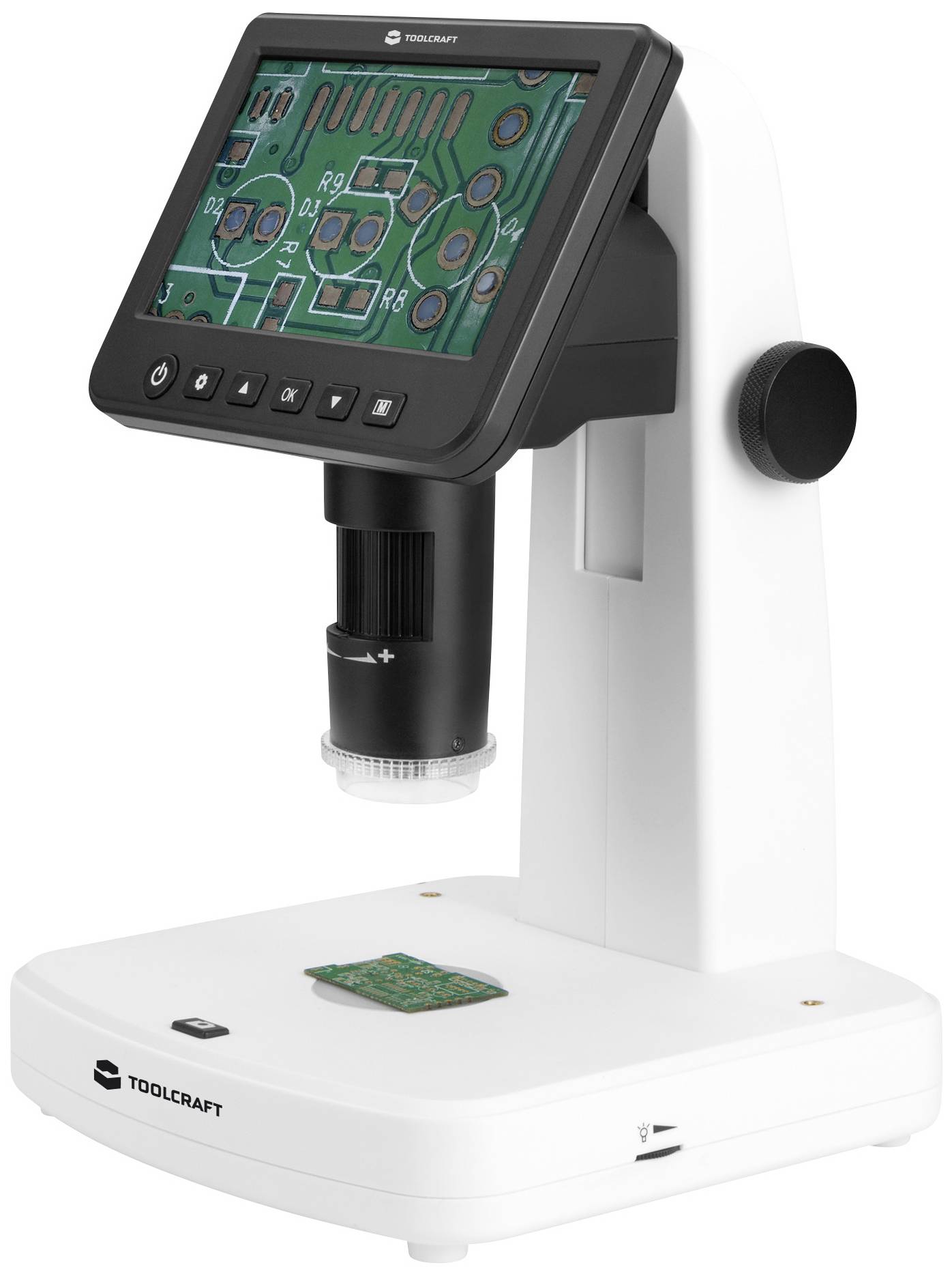 Digitalmikroskop mit beleuchtetem Bildschirm zeigt Schaltkreisbilder; geeignet für präzise Inspektionen elektronischer Komponenten.