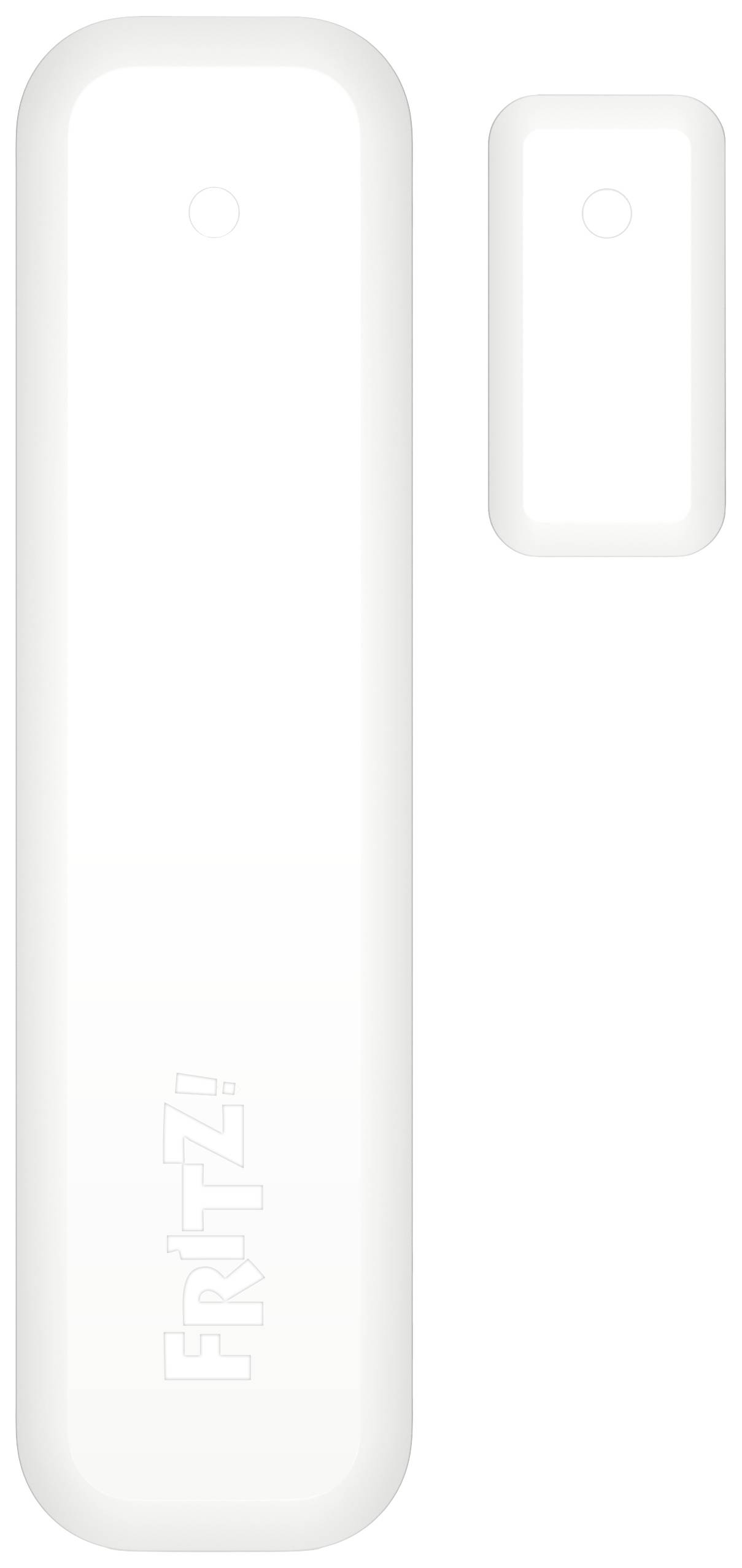 Ein weißer, rechteckiger Sensor mit der Aufschrift 'FRITZ!' und einem kleineren, ähnlichen Teil daneben. Es handelt sich um Funksensoren.