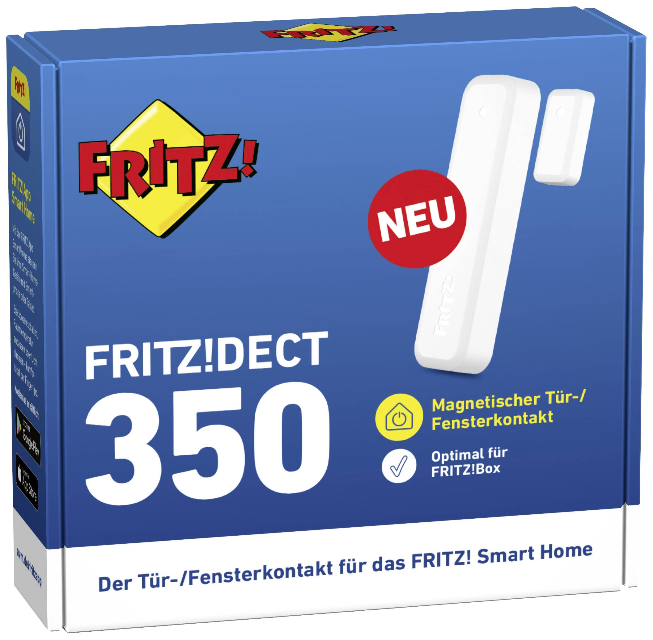 Verpackung des 'FRITZ!DECT 350', ein magnetischer Tür-/Fensterkontakt. Text: 'Optimal für FRITZ!Box', 'NEU'.