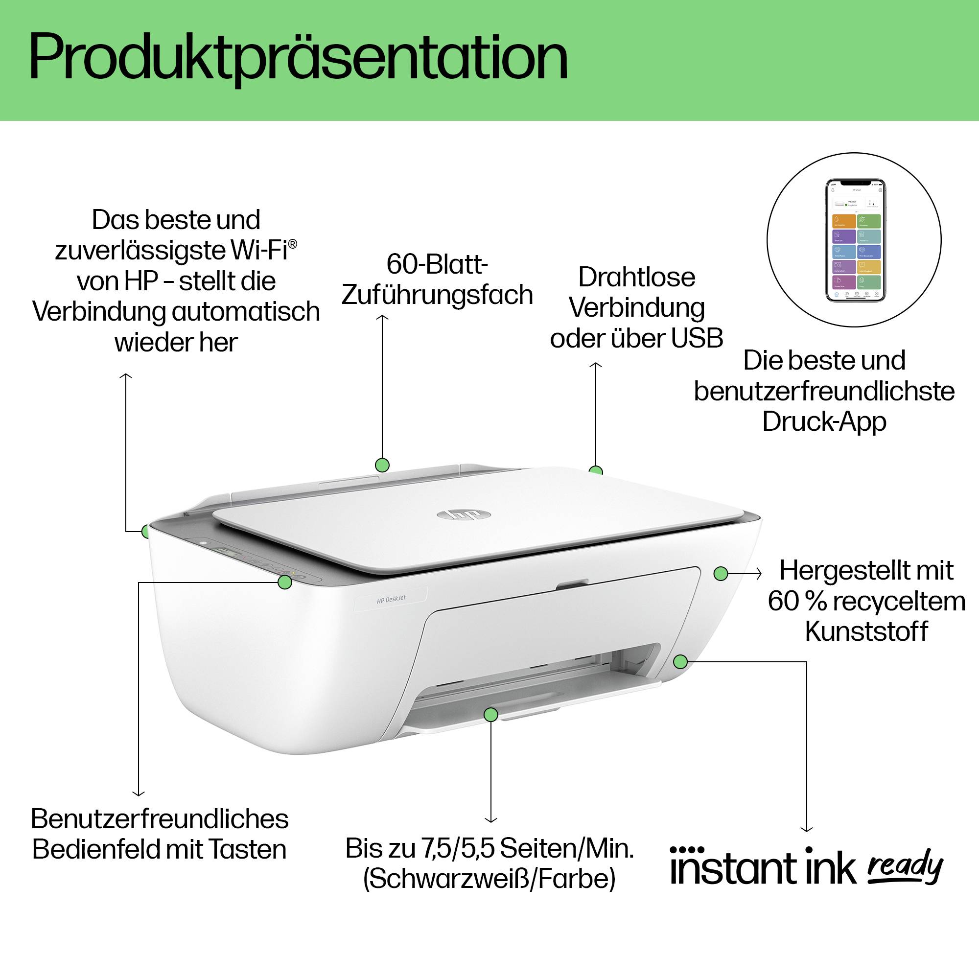 Drucker mit Wi-Fi, EcoFriendly Design und Druck-App. Funktionen: 60-Blatt-Fach, Tastenbedienung, bis zu 7,5 Seiten/Min.