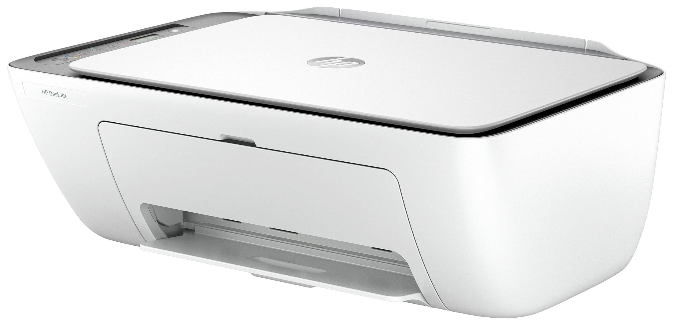 Ein weißer Drucker mit Scanner und Papierfach, auf einem Tisch stehend, geeignet für Büro- oder Heimgebrauch.