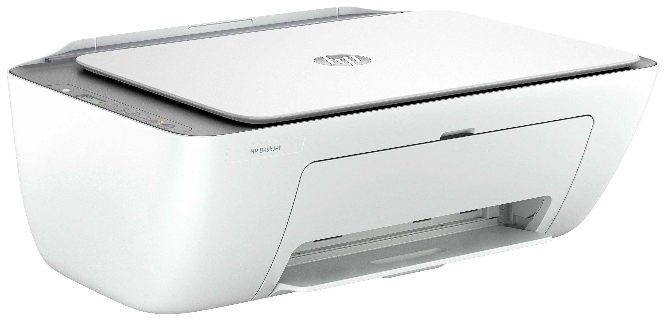 Ein weißer Multifunktionsdrucker auf einem Tisch. Der Drucker hat Tasten auf der linken Seite und einen Papierausgabeschacht vorne.