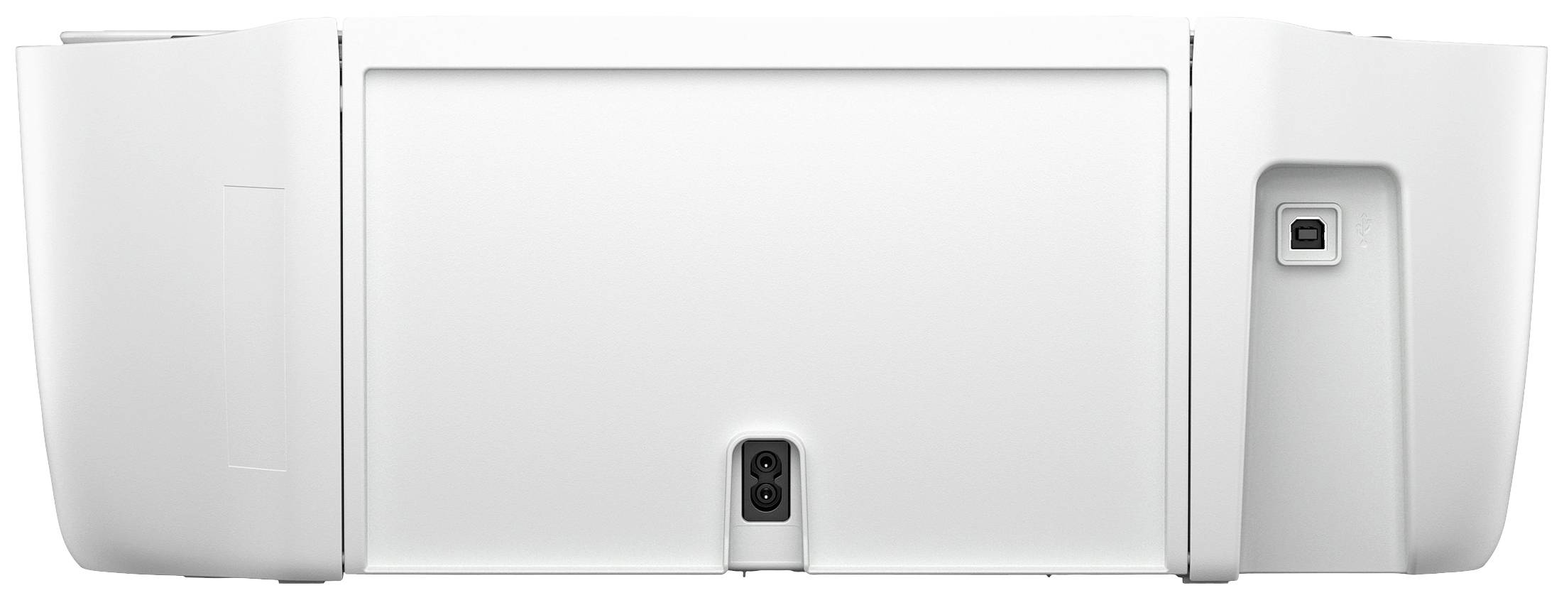 Weiße Rückseite eines Druckers mit sichtbaren Anschlussmöglichkeiten und einem Netzkabelanschluss in der Mitte.