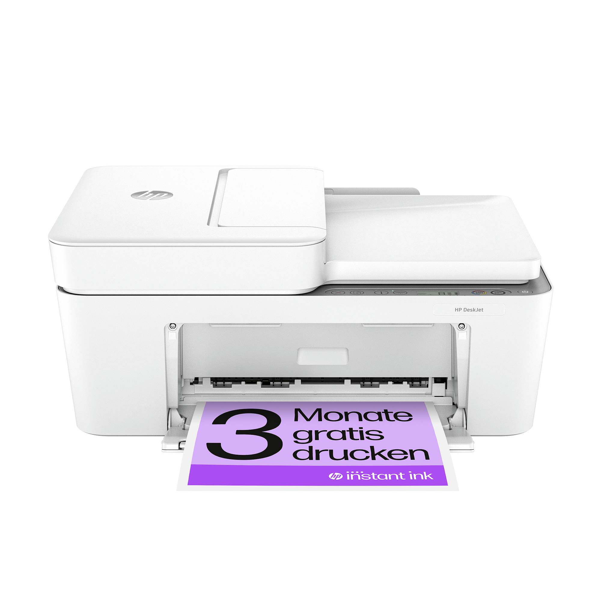 Ein weißer Drucker, der ein lila Blatt mit dem Text '3 Monate gratis drucken' ausdruckt. Der Drucker zeigt das HP Logo.
