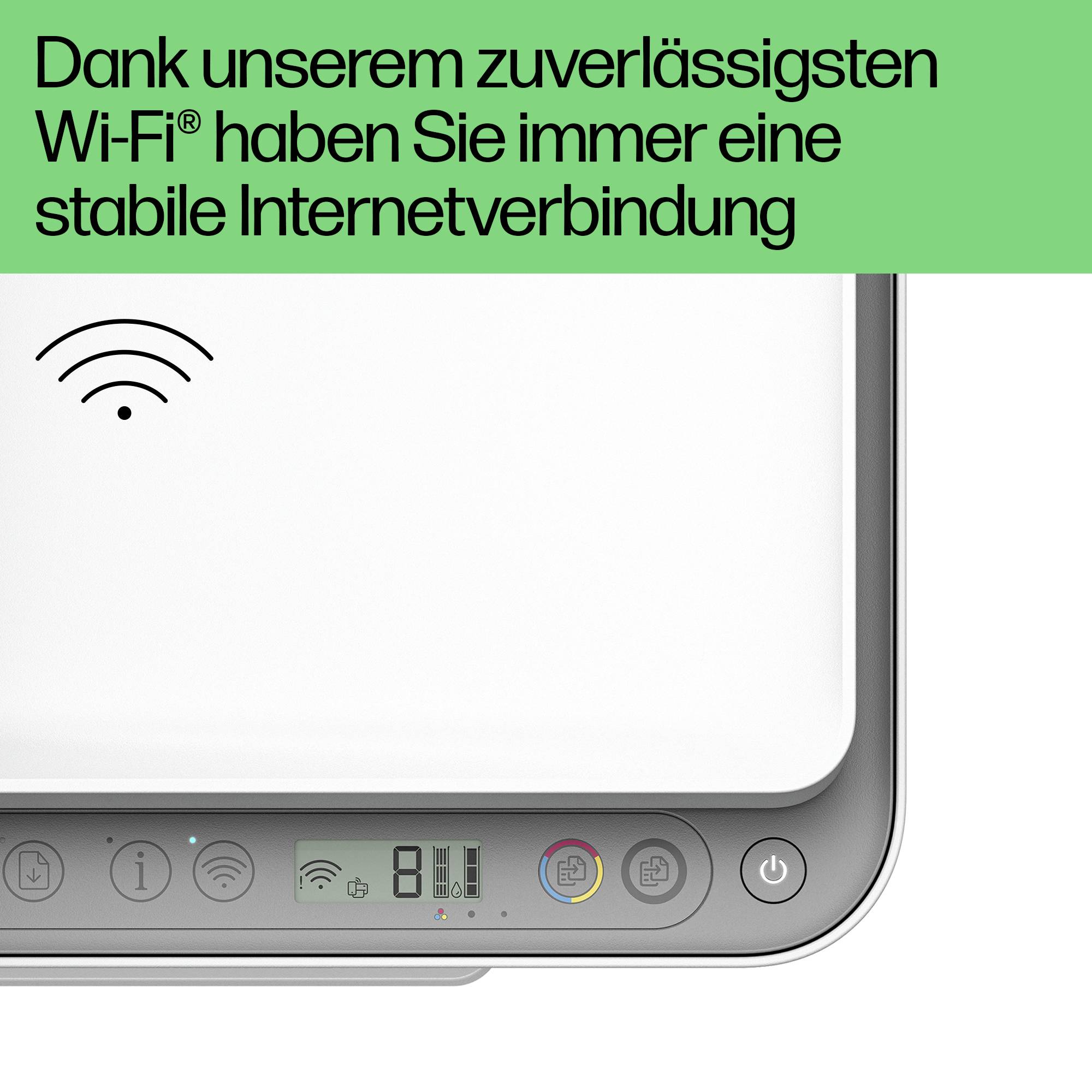 Ein Wi-Fi-Router mit einem Wi-Fi-Symbol. Text darüber 'Dank unserem zuverlässigsten Wi-Fi® haben Sie immer eine stabile Internetverbindung'.