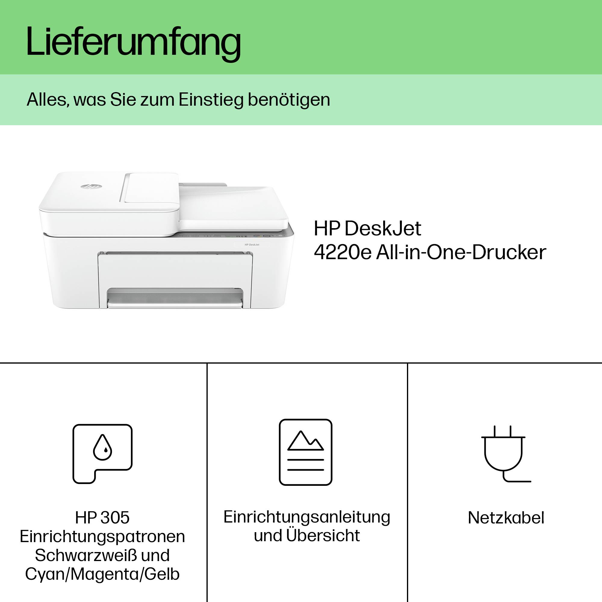Lieferumfang: HP DeskJet 4120e All-in-One-Drucker, HP 305 Tintenpatronen, Einrichtungsmaterial, Netzkabel. Alles für den Start.