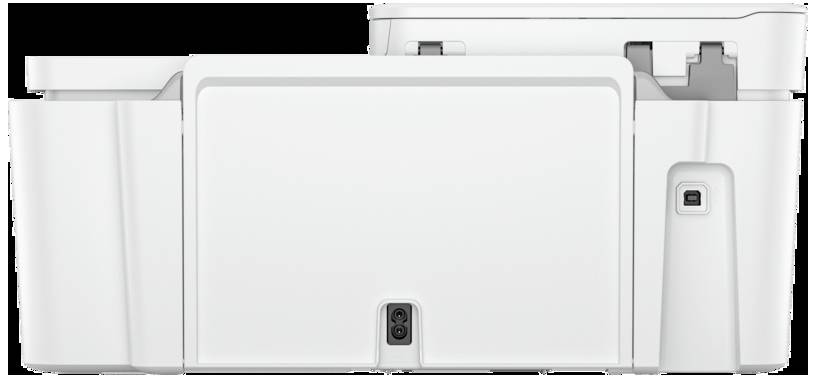 Ein weißer Multifunktionsdrucker in Seitenansicht, zeigt Eingangs- und Ausgangsfach. Tasten und Anschlüsse sind erkennbar.