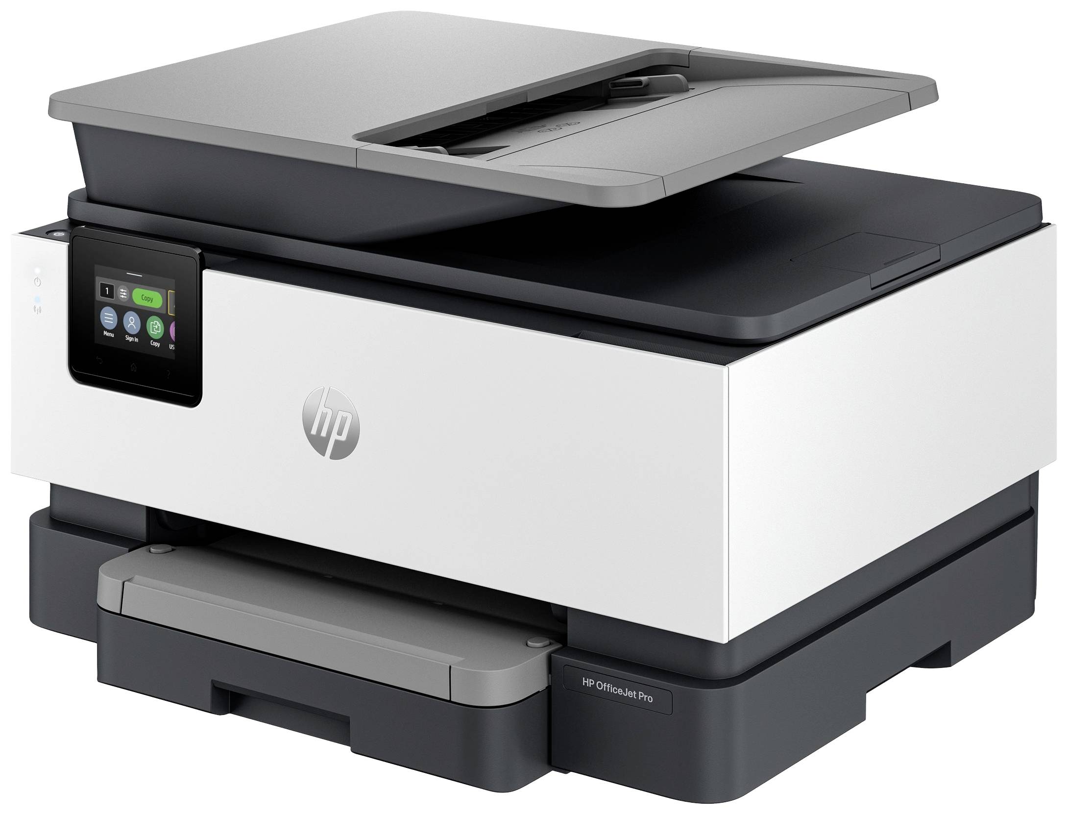 Drucker mit Flachbettscanner, Display und Papierzufuhr. Der Drucker ist modern gestaltet und hat ein Bedienfeld auf der Vorderseite.