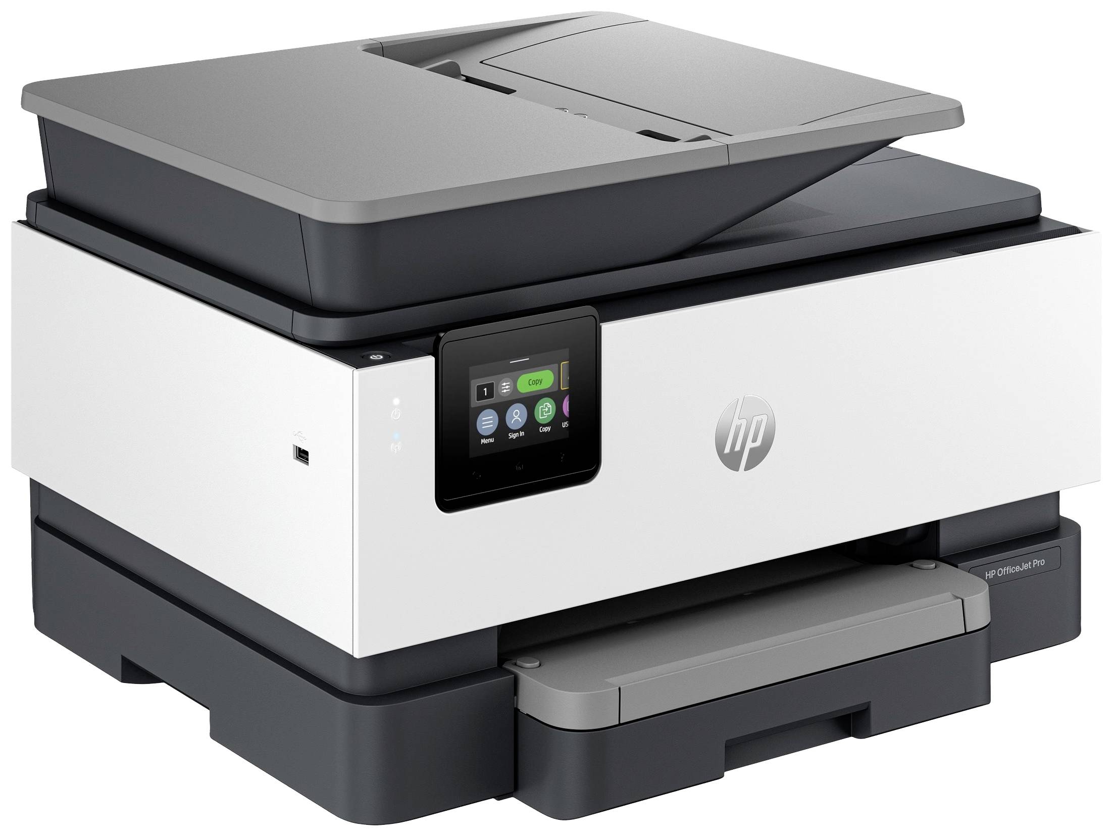 Multifunktionsdrucker mit Touchscreen; zeigt Optionen für Drucken, Scannen, Kopieren. Weiß-schwarzes Design, Markenlogo sichtbar.