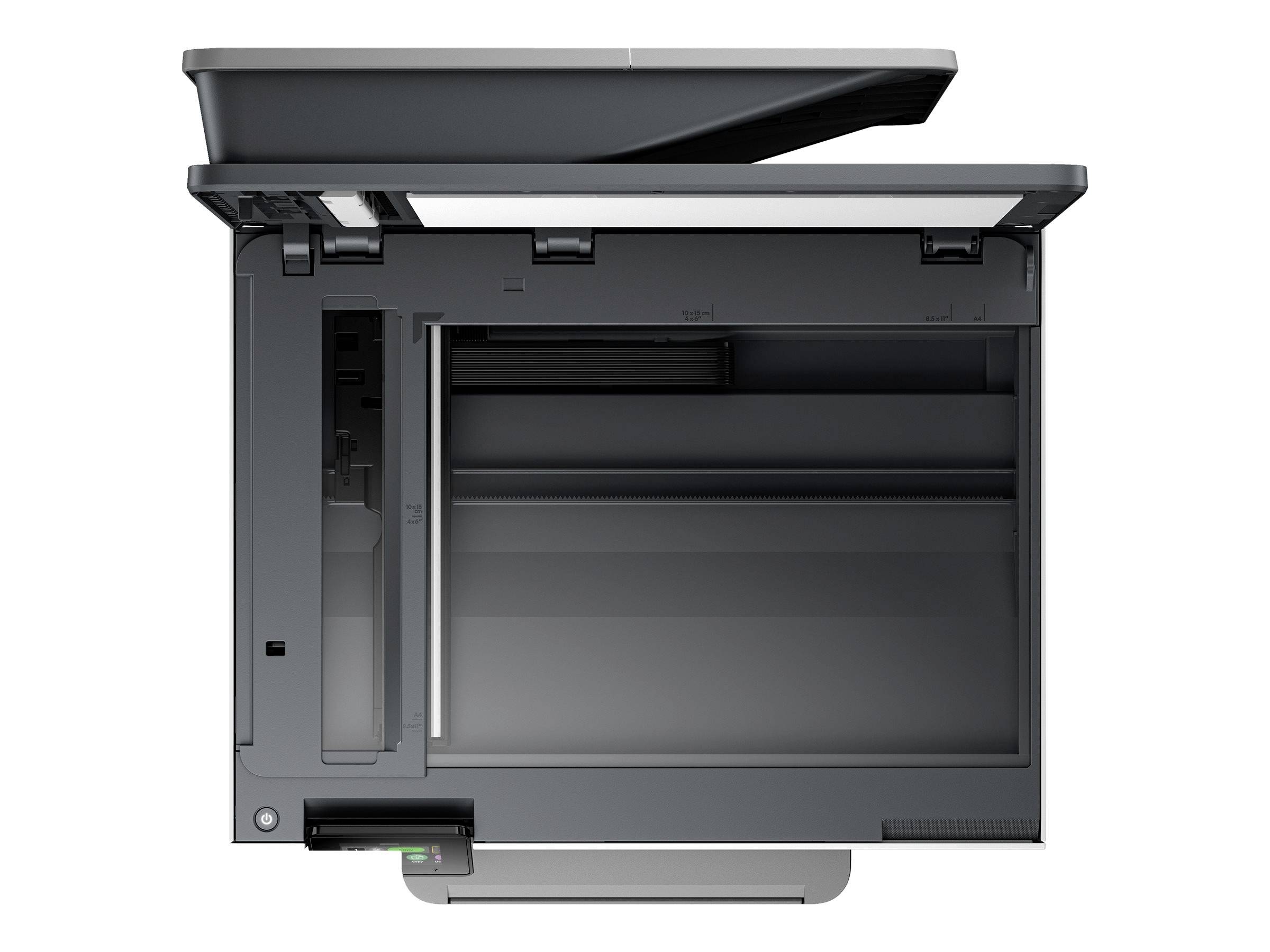 Flachbett-Scanner von oben gesehen, geöffnetes Scan-Fach.