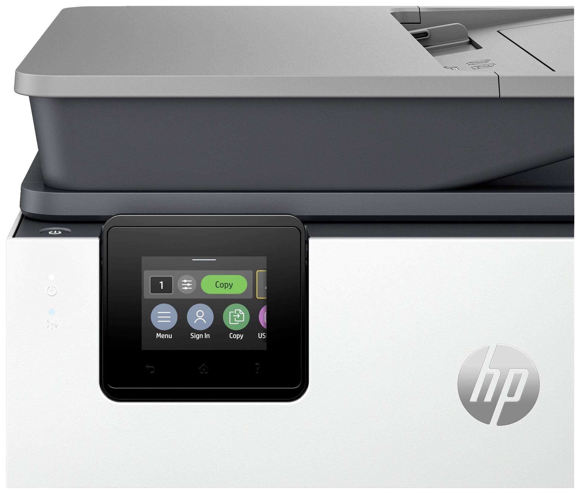 Ein Drucker mit Touchscreen-Display, das Optionen für Kopieren, Menü, Anmelden, Zurück und USB anzeigt.