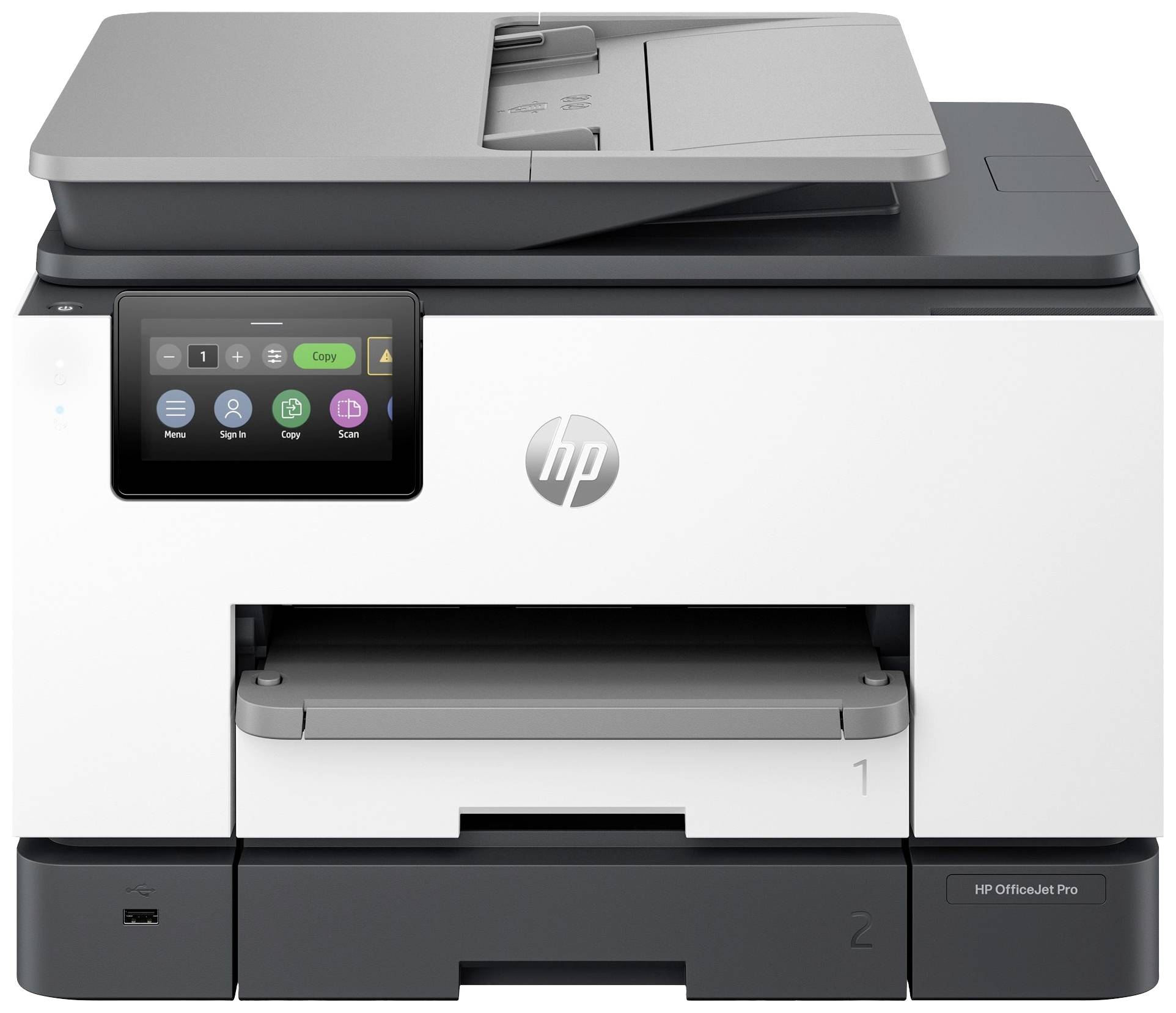Ein weißer Drucker mit integriertem Touchscreen-Display und Scanner. Der Drucker hat ein Fach für Papier und Bedienungselemente.