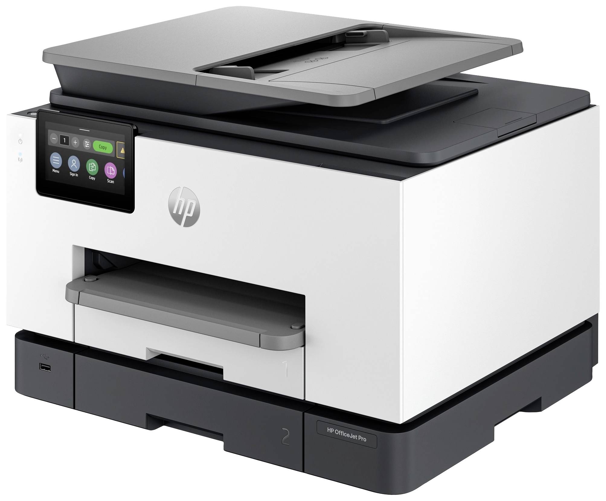 Ein Multifunktionsdrucker mit Scanner und Display auf der linken Seite, geeignet für Büroanwendungen.