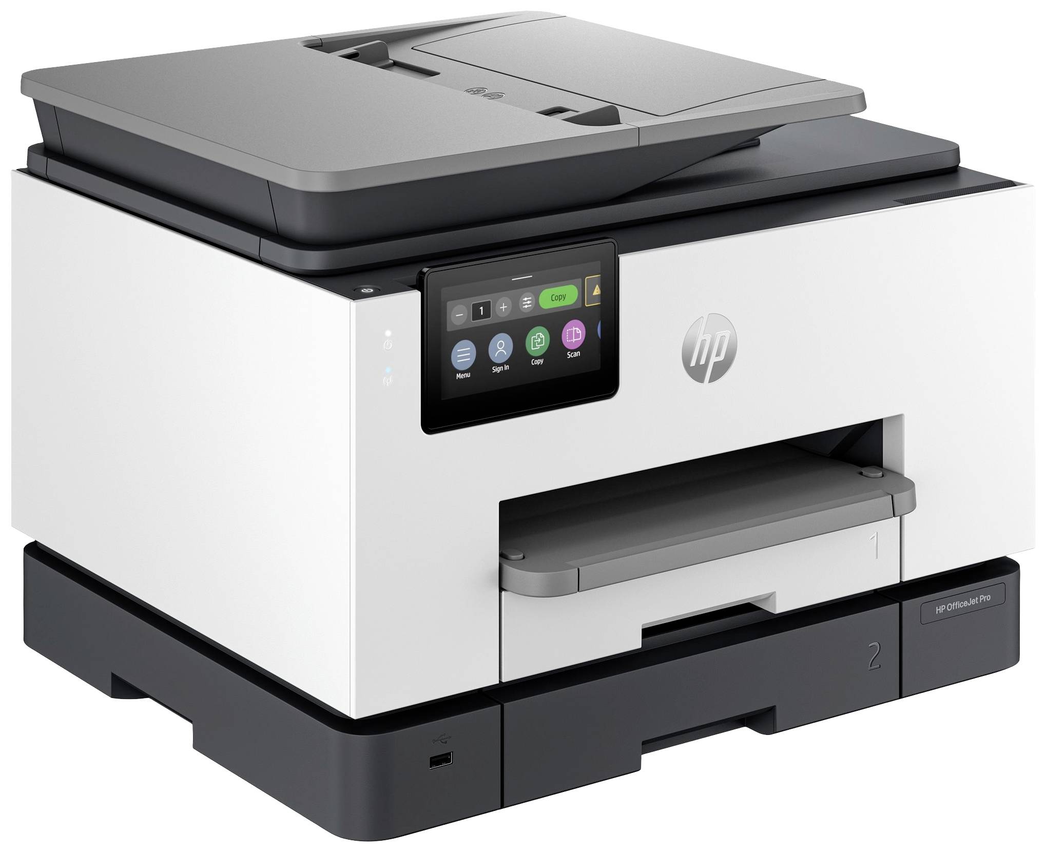 Ein moderner Multifunktionsdrucker mit Touchscreen-Display zeigt das HP-Logo. Der Drucker hat Papierzufuhr oben und Ausgabefach unten.