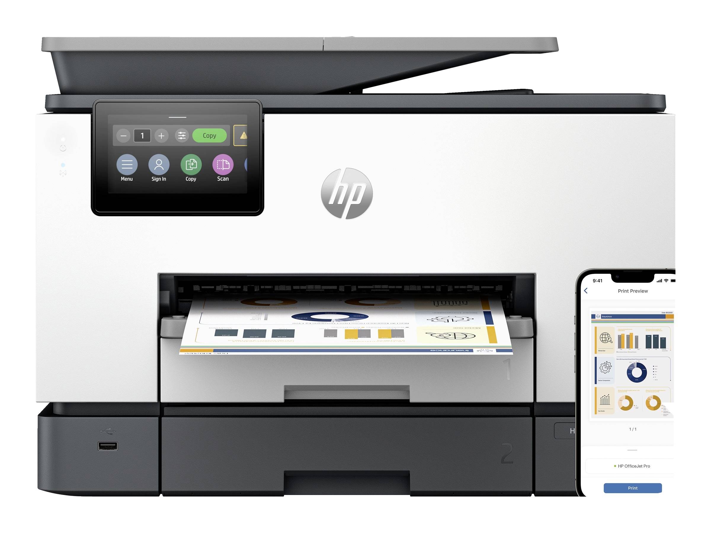 Ein Drucker druckt ein Blatt mit Diagrammen und Grafiken. Auf dem Druckerbildschirm sind die Optionen 'Kopieren', 'Scannen' und mehr sichtbar. Ein Smartphone daneben zeigt eine Druckvorschau.