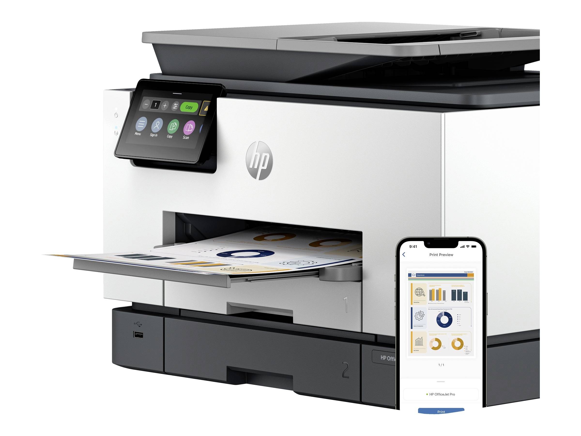 Ein Drucker druckt ein Blatt mit grafischen Diagrammen und Tabellen aus. Daneben zeigt ein Smartphone-Bildschirm eine Druckvorschau.
