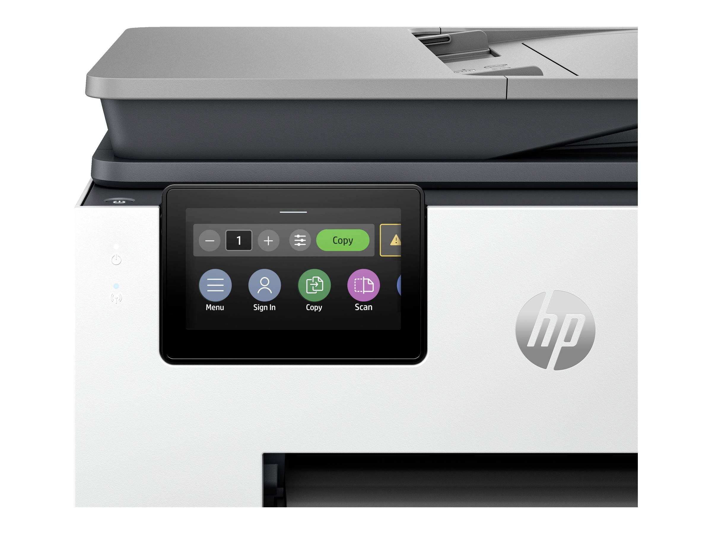 Ein moderner Drucker mit einem Touchscreen-Bedienfeld, das Optionen wie 'Kopieren', 'Scannen' und 'Menü' anzeigt.