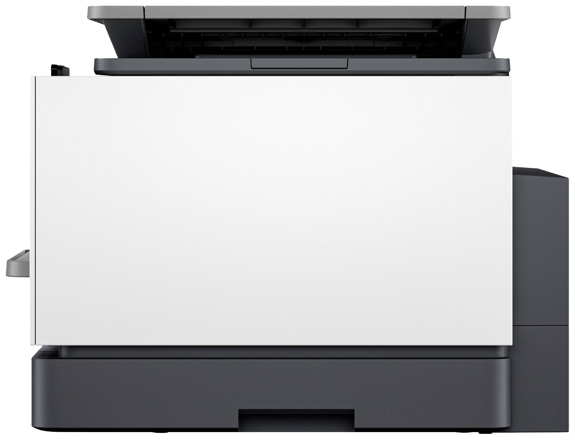 Ein Drucker mit offenem Scannerdeckel, bereit zum Scannen. Das Gerät ist modern und kompakt gestaltet, vor weißem Hintergrund platziert.