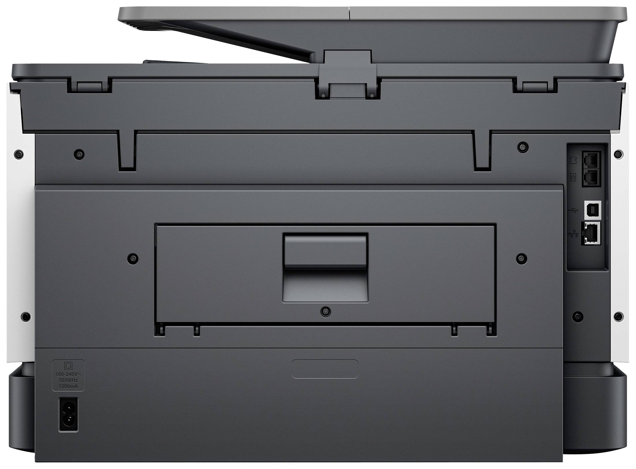 Multifunktionsdrucker von hinten, mit offenem Papiereinzug, sichtbare Anschlüsse für Strom- und Datenkabel. Ideal für Bürogebrauch.
