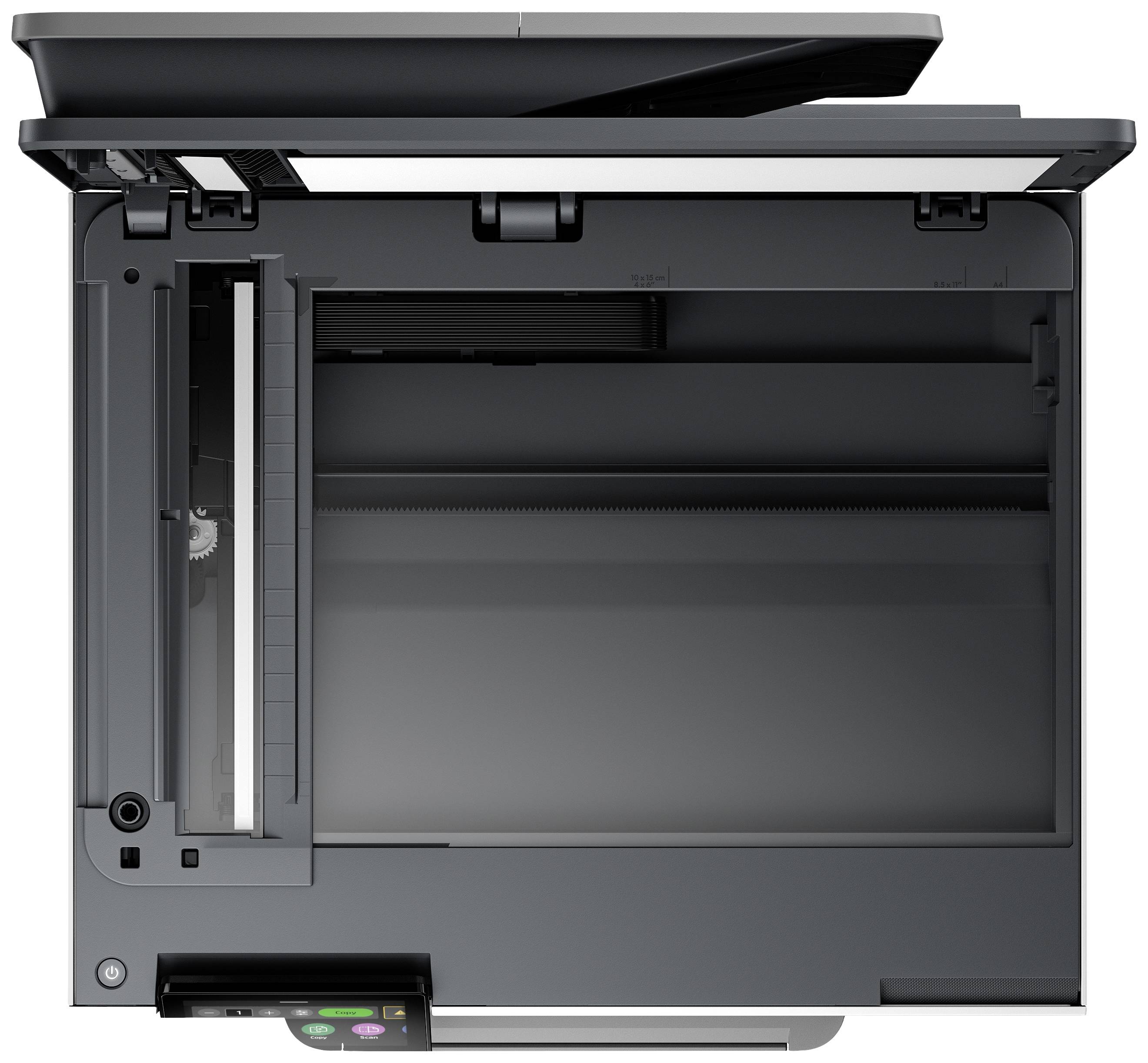 Ein geöffneter Scanner von oben, zeigt die Glasfläche und die Abdeckung, bereit zum Scannen von Dokumenten oder Bildern.