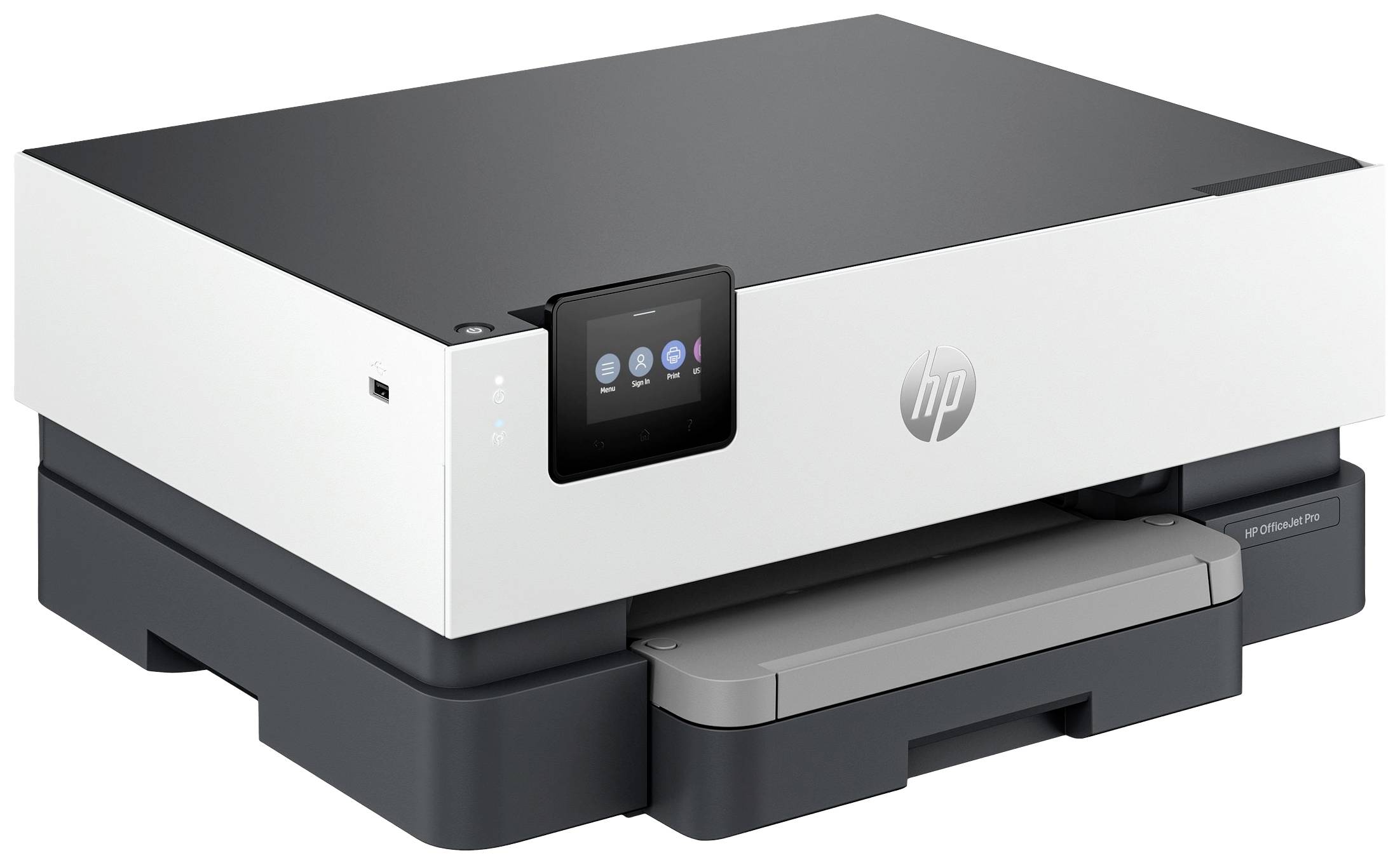 Ein moderner Drucker mit schwarzem und weißem Gehäuse, digitalem Display und Ablagefach, geeignet für Büro- oder Heimgebrauch.